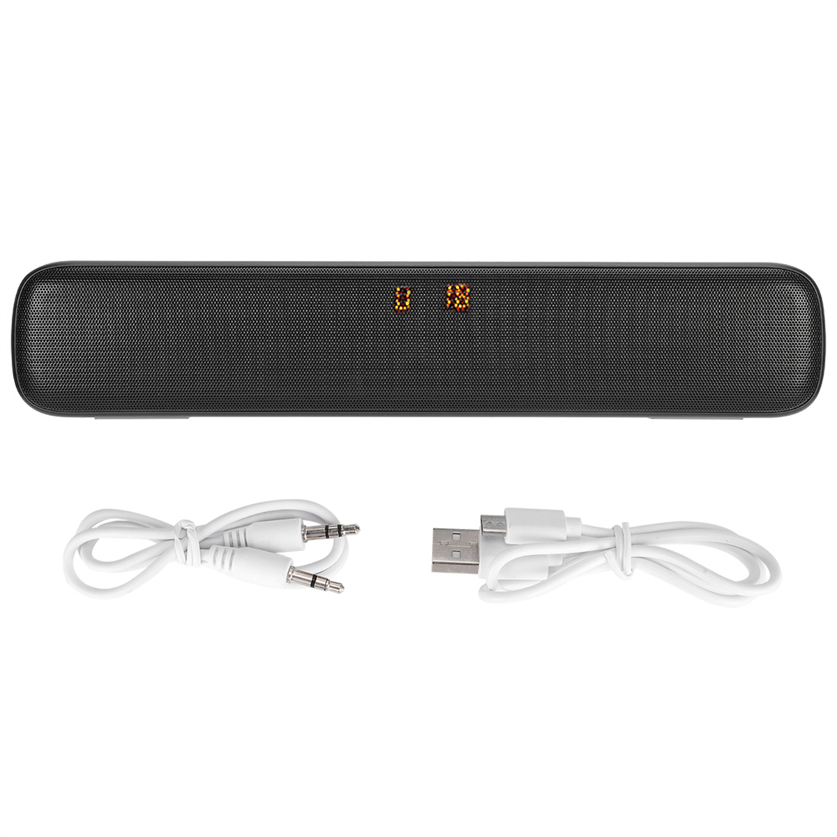 Schwarze Soundbar mit Digitalanzeige und weißen Kabeln für Audioeingang und Strom.