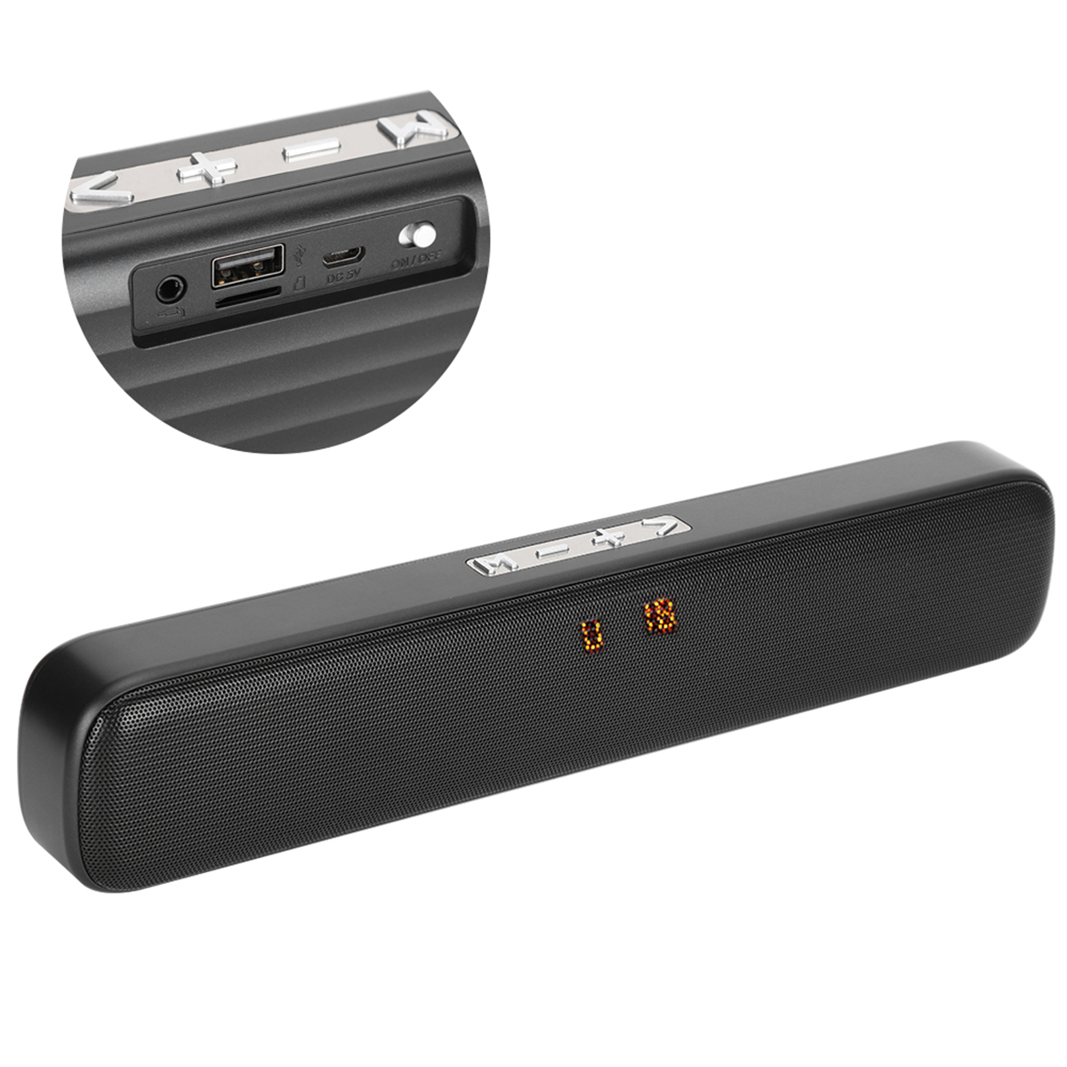 Schwarze Soundbar mit Knöpfen und orangefarbener Anzeige.