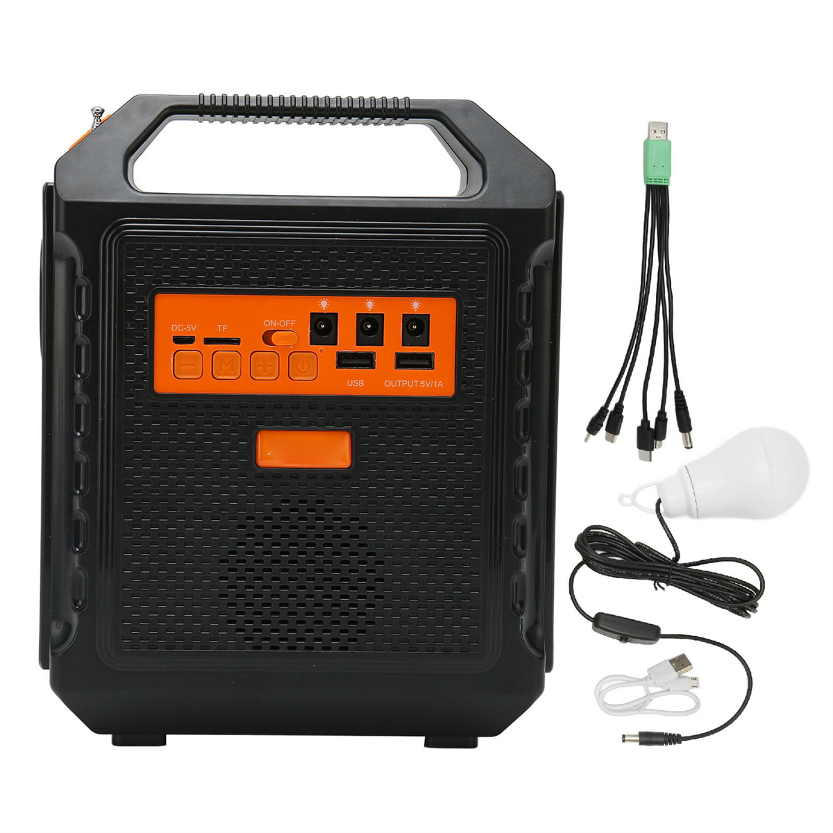 Schwarzes und oranges Kraftwerk. Hat mehrere Anschlüsse und Knöpfe. Kabel und eine Glühbirne daneben.