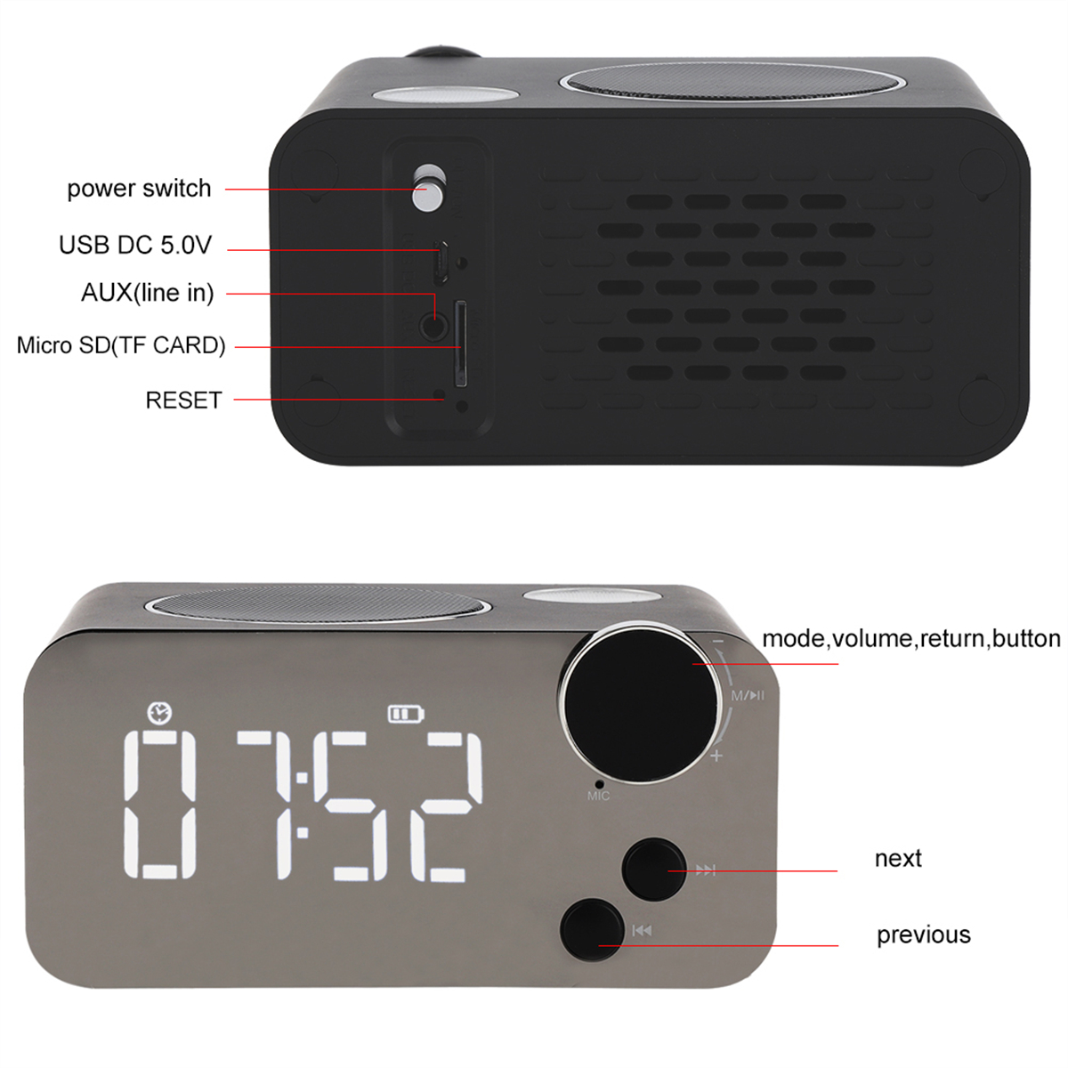 Schwarzes Digitaluhrradio. Zeigt die Uhrzeit und hat Knöpfe und einen USB-Anschluss. Weißer Hintergrund.