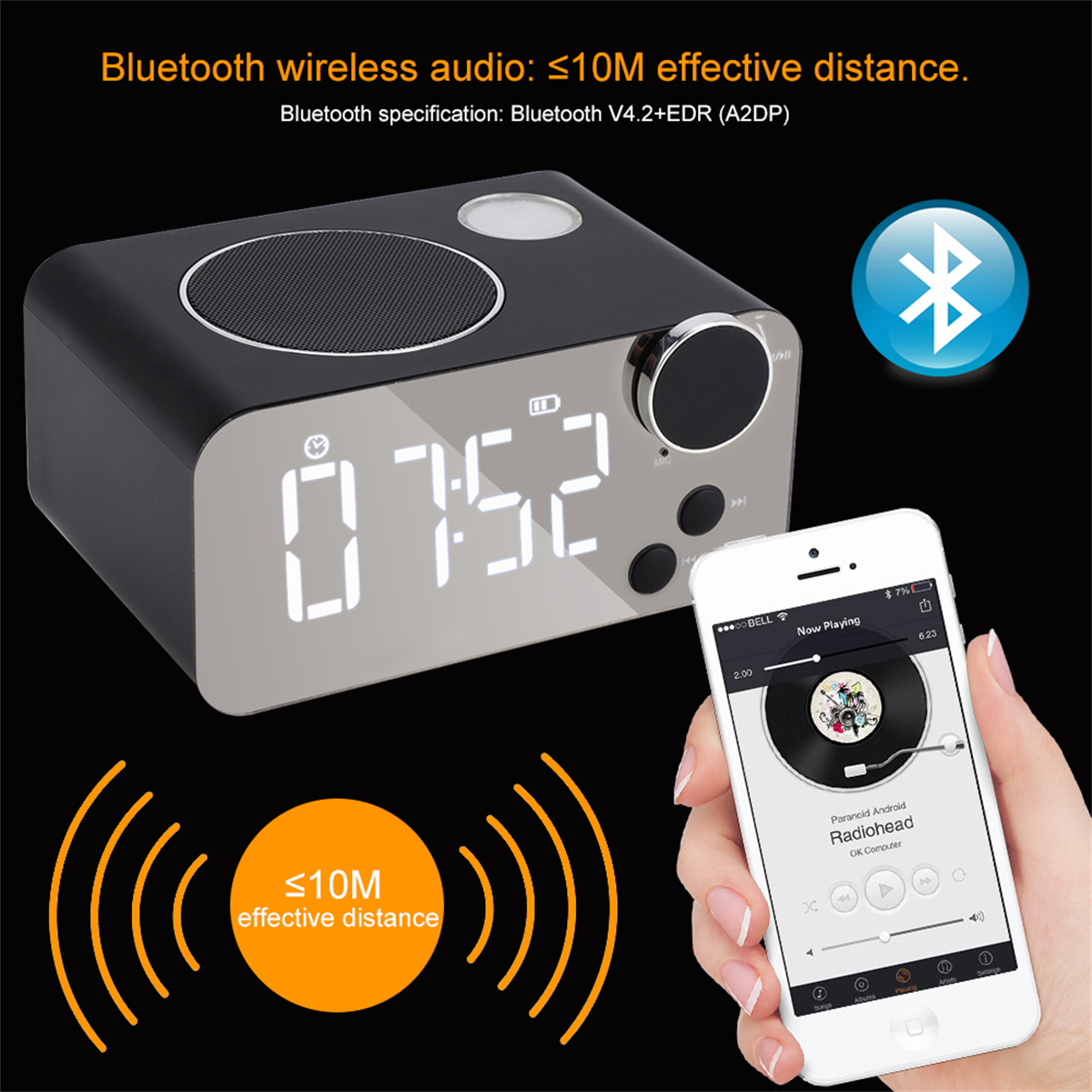 Schwarzer und silberner digitaler Wecker-Lautsprecher mit Bluetooth. Ein Telefon zeigt Musik an. Oranger Kreis für Reichweite.