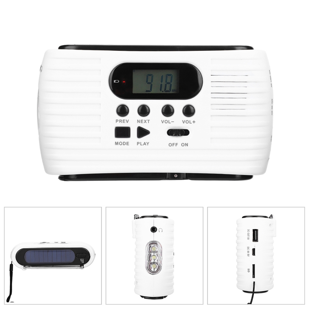 Weißes Radio mit digitaler Anzeige, die eine Radiofrequenz anzeigt, und mehreren Knöpfen.