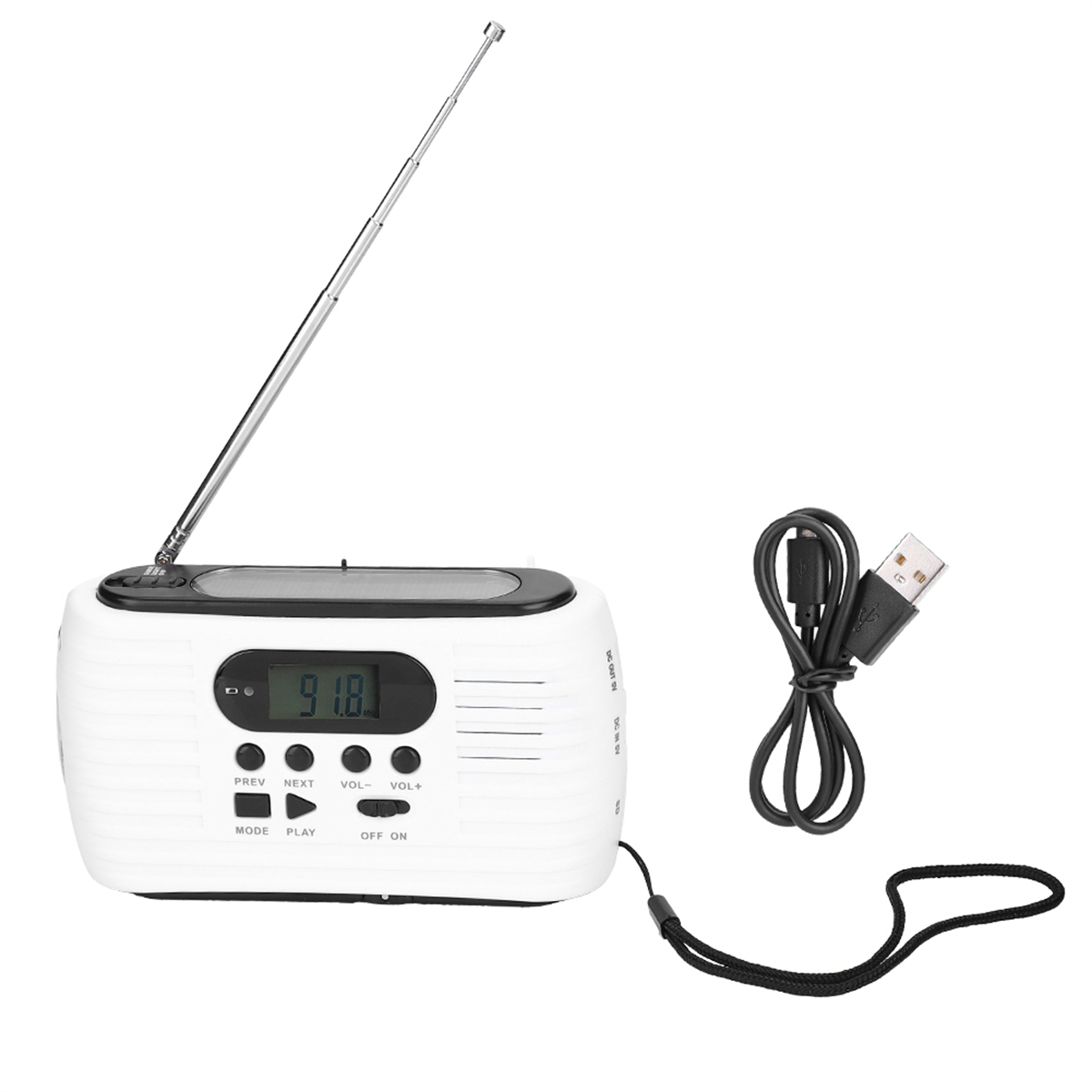 Weißes Radio, Antenne und USB-Ladekabel. Tasten: Modus, Wiedergabe, Aus.