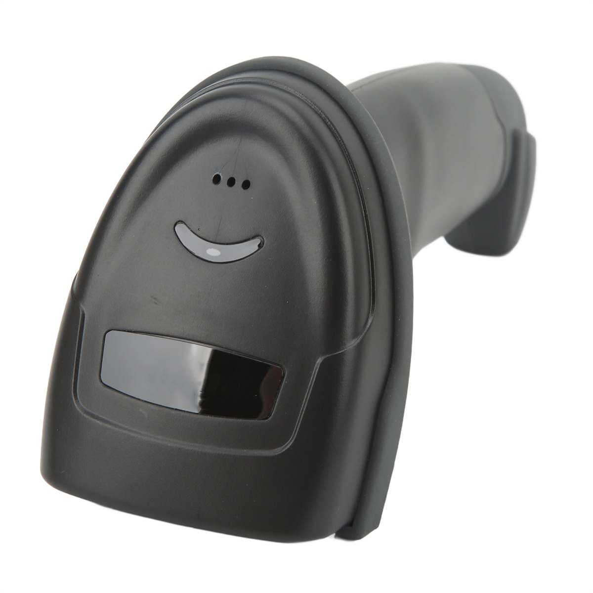 Schwarzer Barcodescanner. Draufsicht mit Smiley-Design. Weißer Hintergrund.