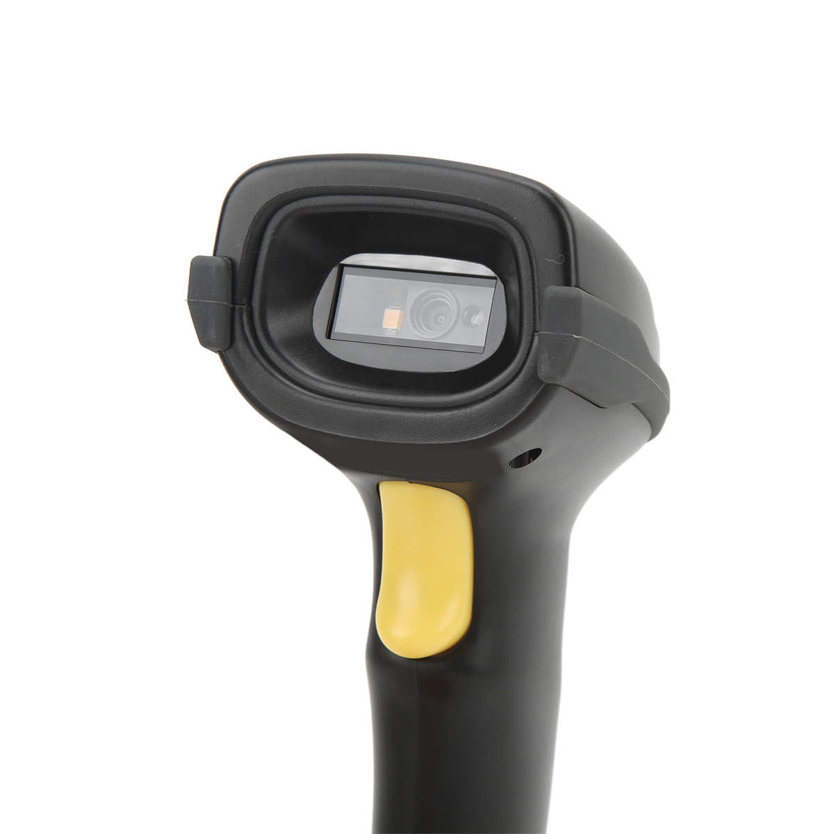 Ein schwarzer Barcode-Scanner mit gelber Taste, Linse zum Betrachter gerichtet.