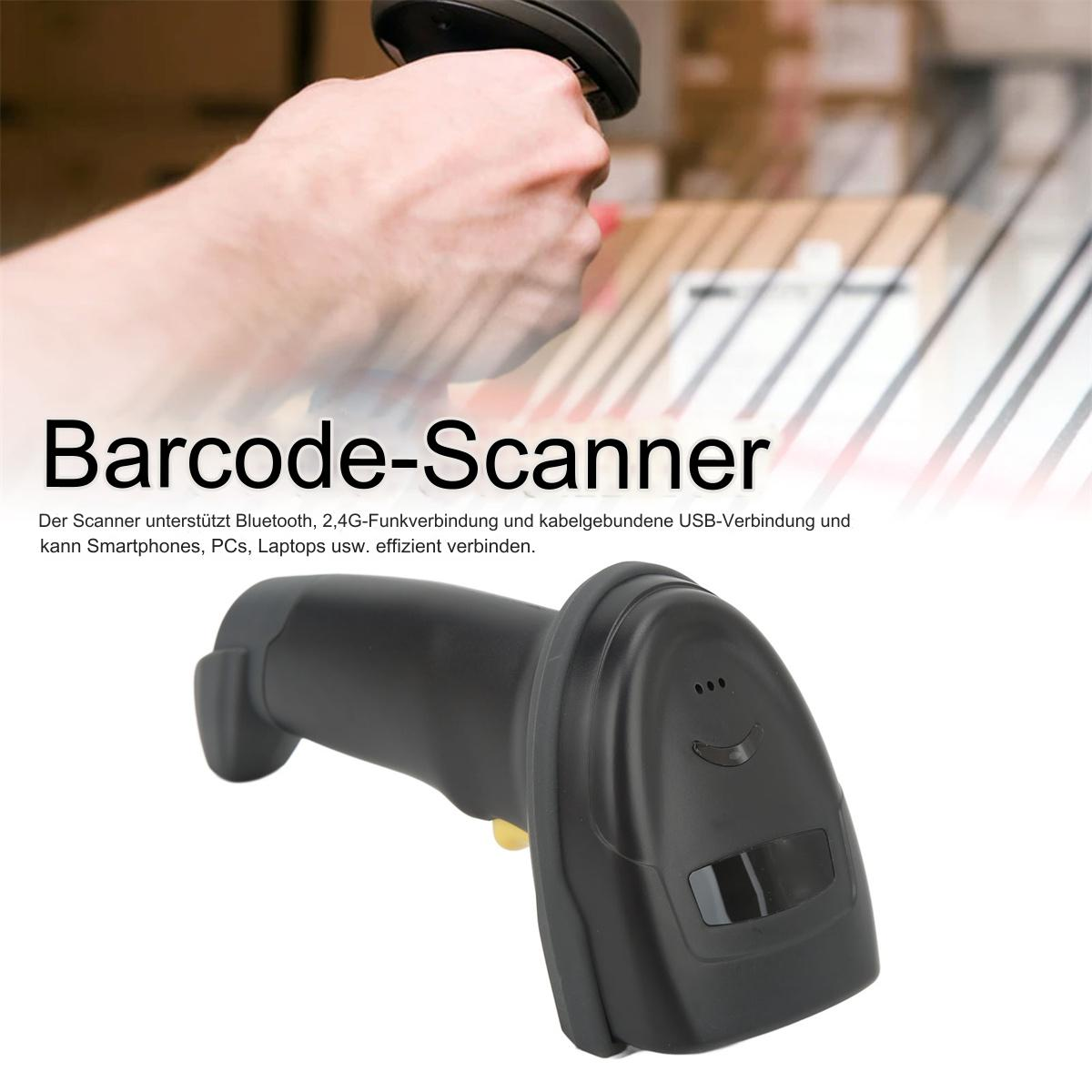 Schwarzer Barcode-Scanner mit dem Text 'Barcode-Scanner'. Hand, die Scanner über einer Box hält.