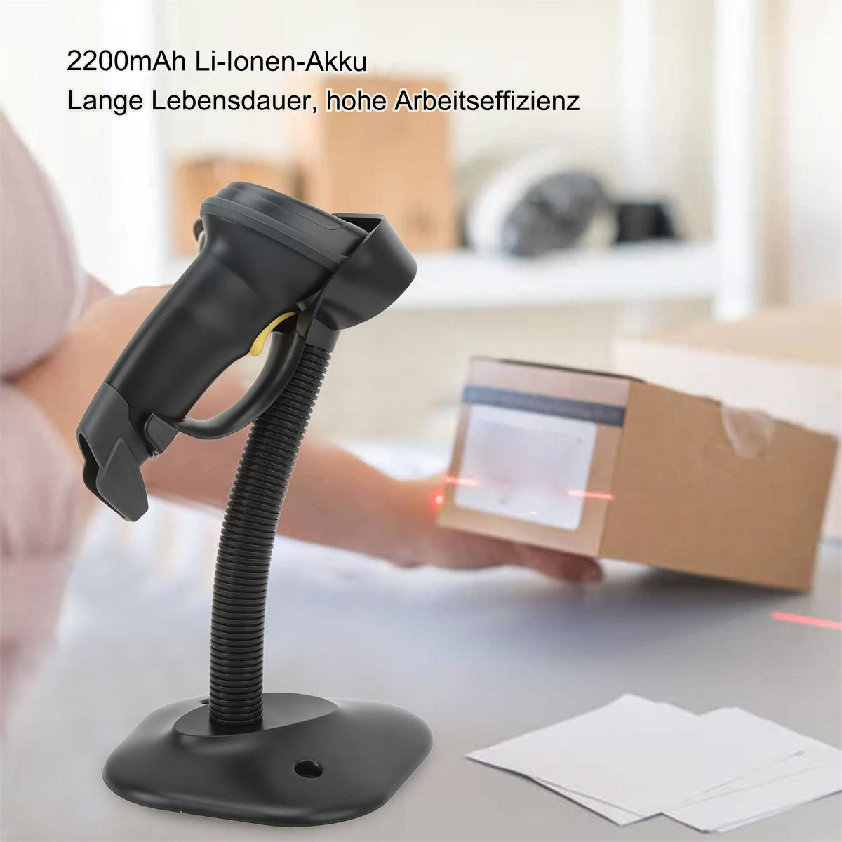 Schwarzer Barcode-Scanner auf einem Ständer, der eine Box scannt. Die Hand einer Person ist sichtbar.