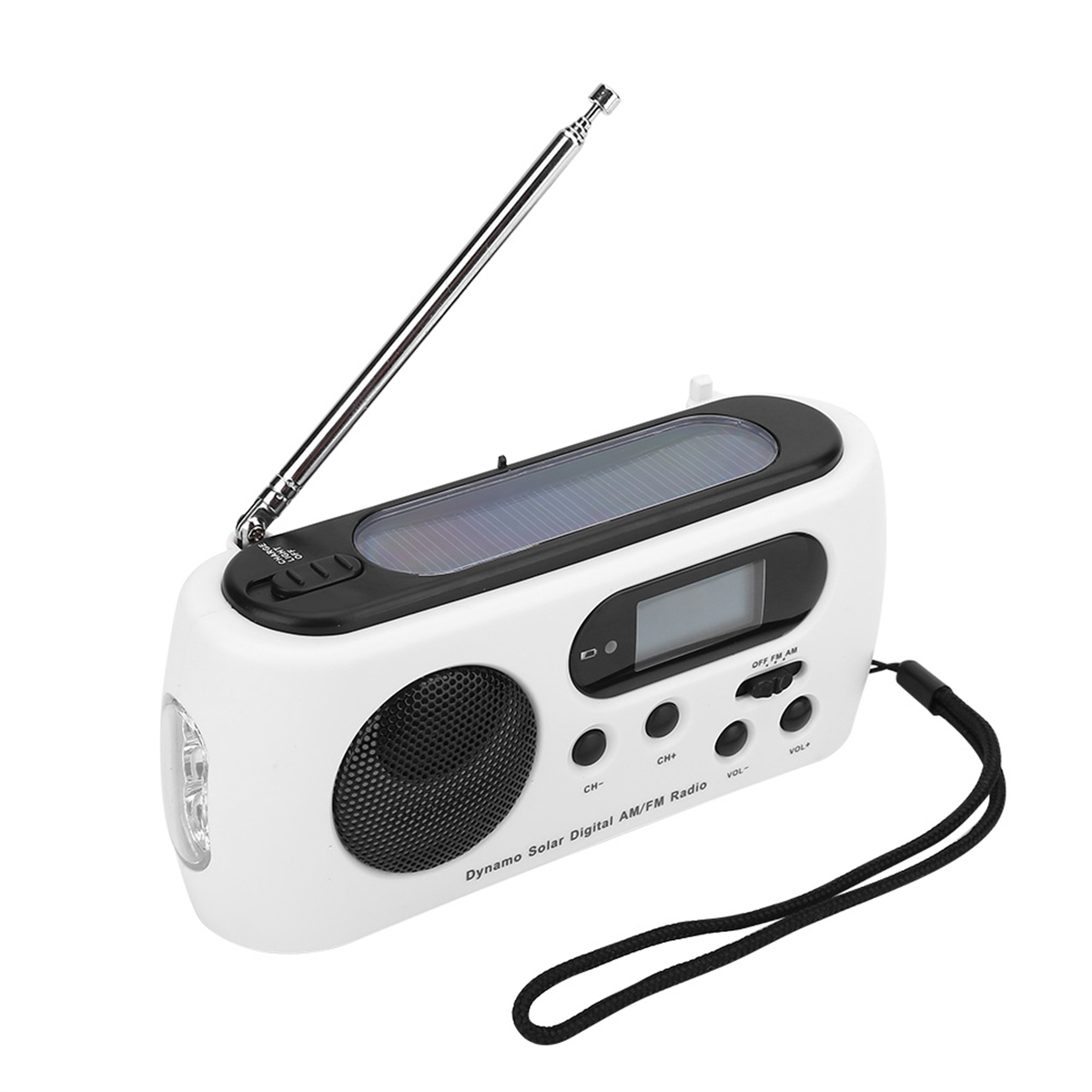 Weißes und schwarzes Dynamo-Solar-AM/FM-Radio mit ausziehbarer Antenne und kleinem schwarzen Trageriemen.
