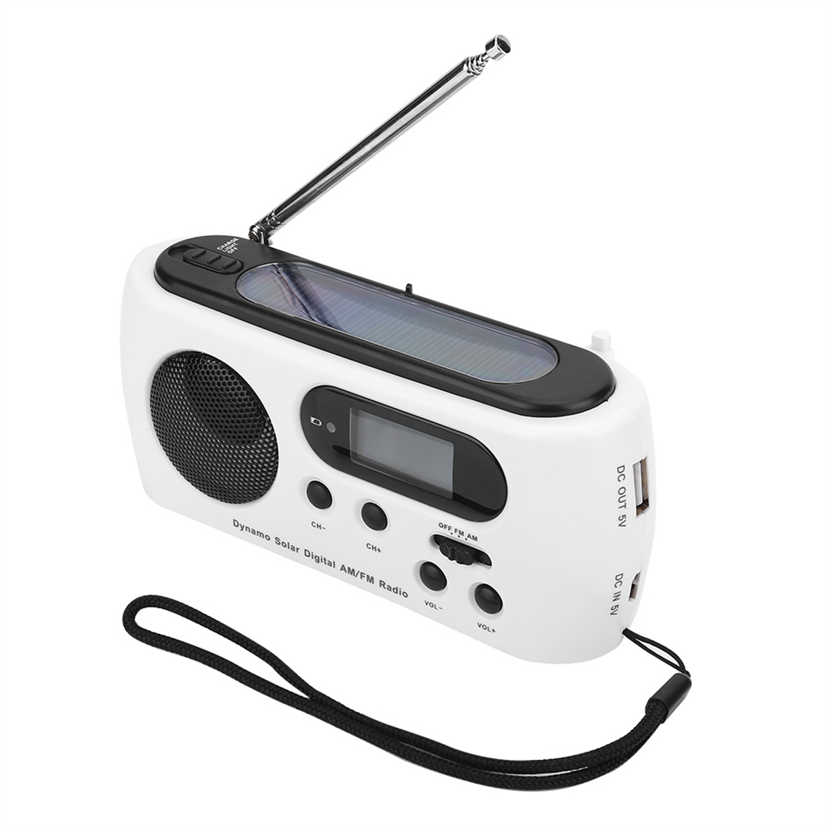 Weißes Radio mit Solarpanel und schwarzem Riemen. Mehrere Tasten sind sichtbar.