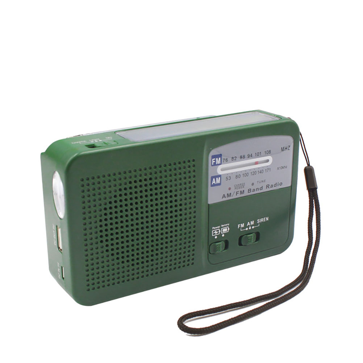 Grünes AM/FM-Radio mit schwarzem Riemen, Knöpfen und einem kleinen Licht an der Seite.