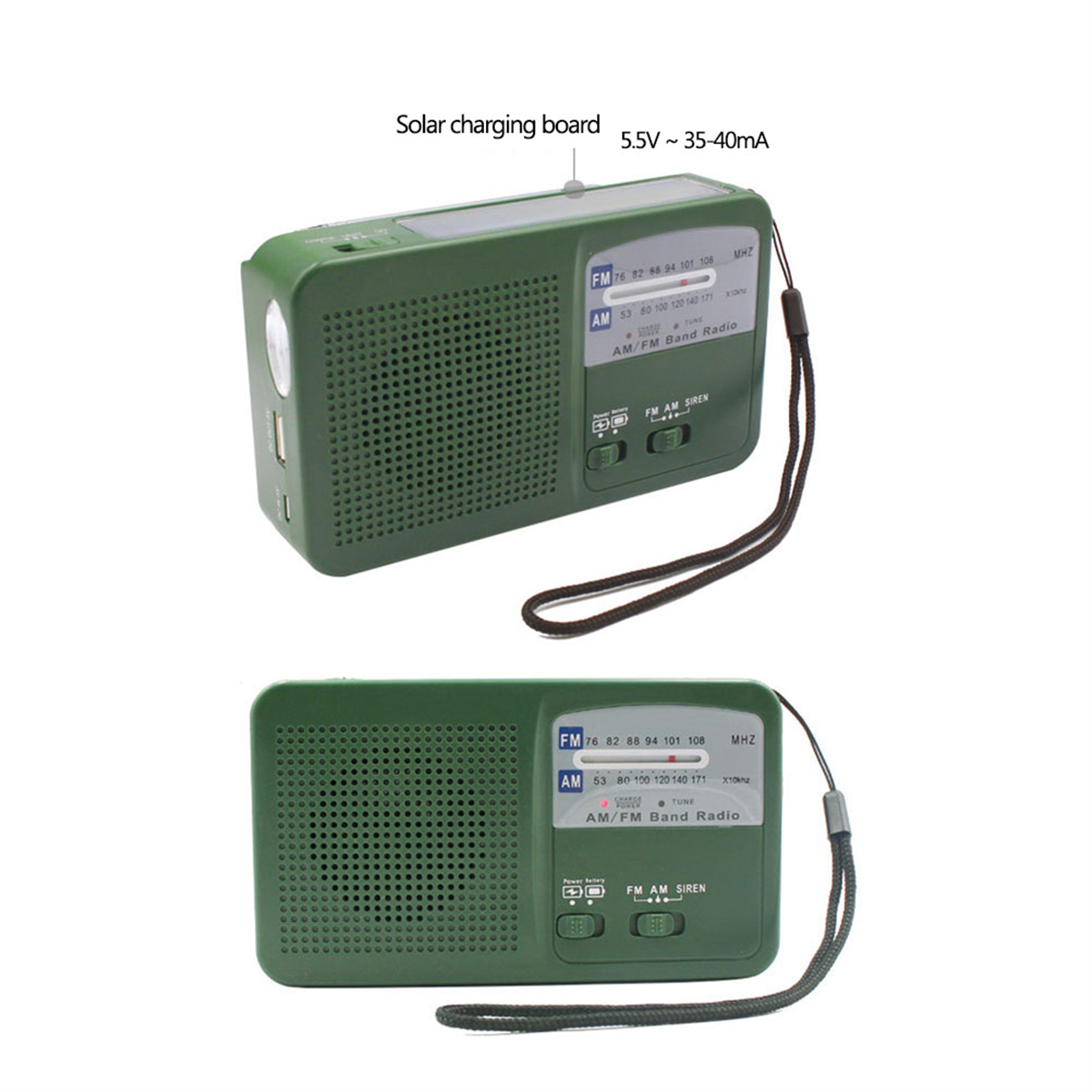 Ein grünes Radio mit Solarpanel oben und schwarzem Band. Das Radio ist beschriftet.
