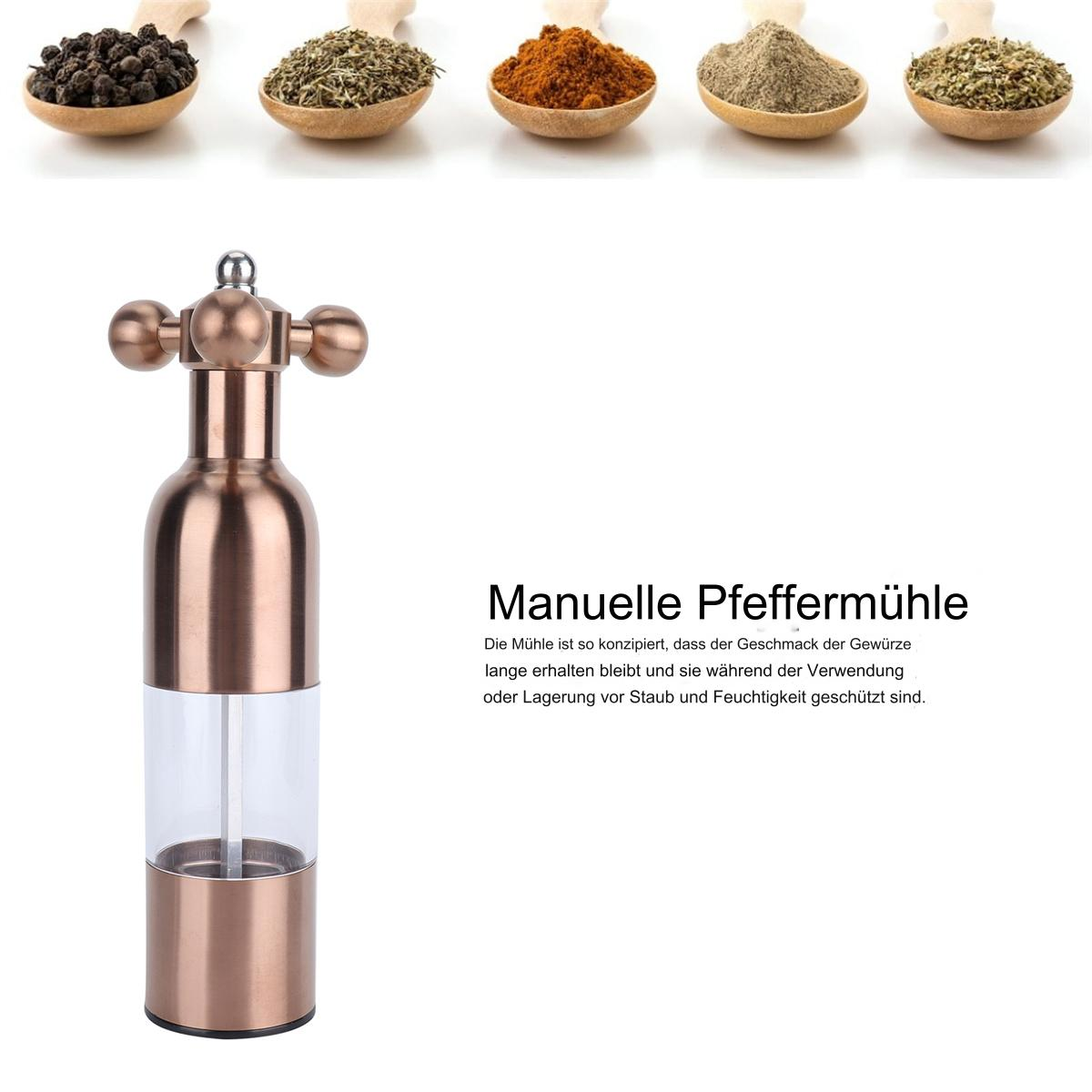 Pfeffermühle mit Kupferfinish, transparentem Abschnitt und Holzlöffeln mit Gewürzen.