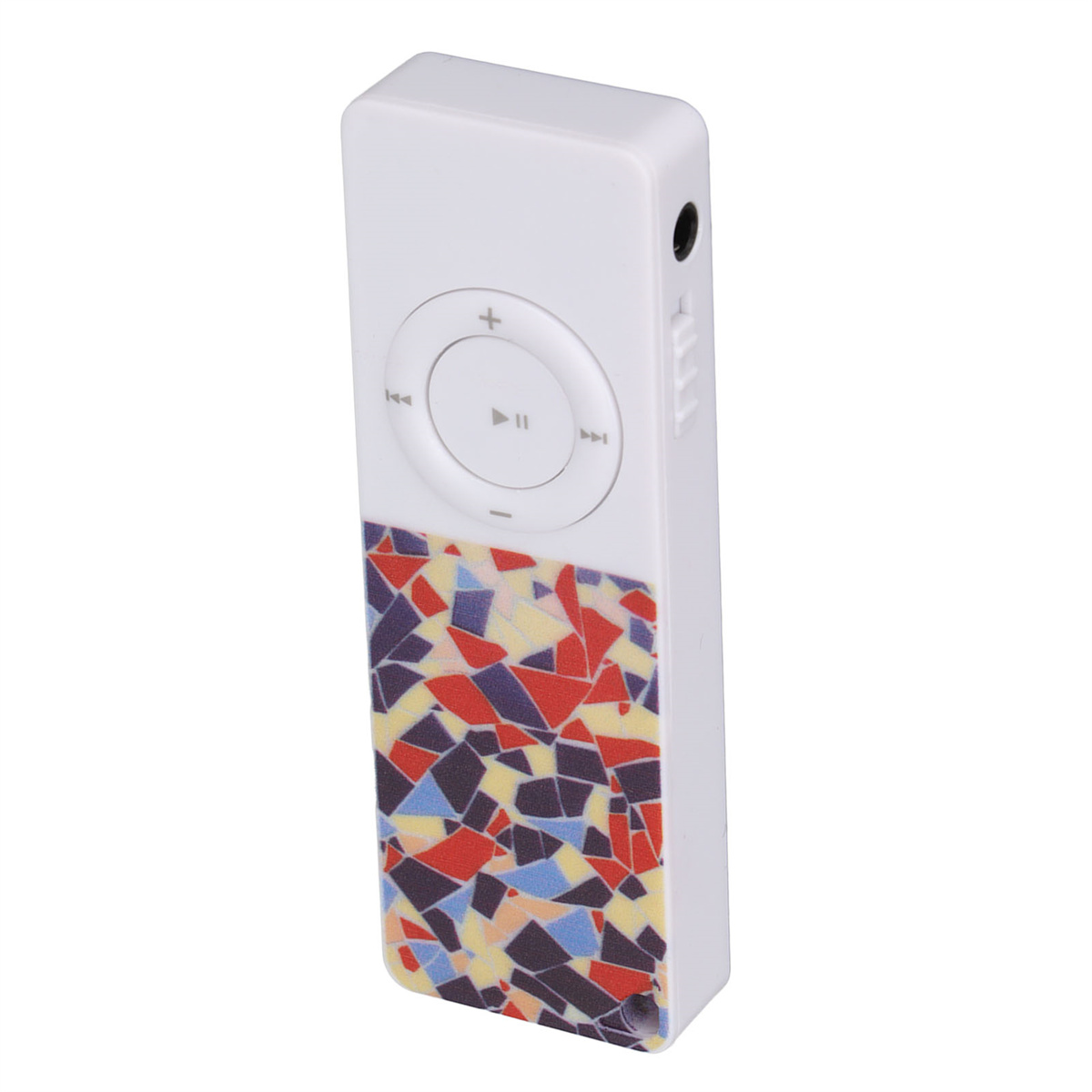 Weißer MP3-Player mit mehrfarbigem Muster am unteren Teil und Bedienelementen.