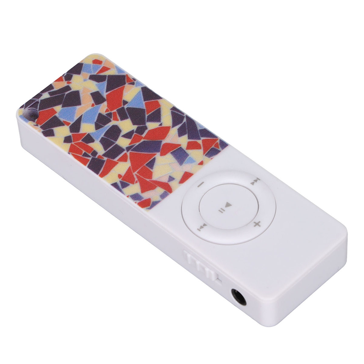 Ein weißer MP3-Player mit einem bunten Mosaikdesign oben. Er hat Wiedergabe/Pause-, Überspringen- und Lautstärketasten.
