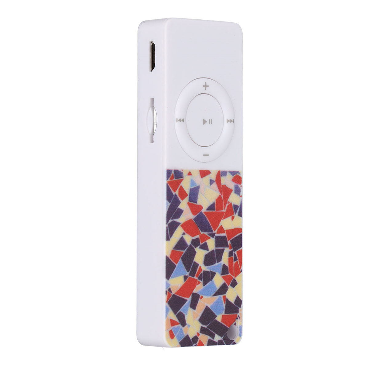Weißer MP3-Player mit farbenfrohem Design, mit Tasten für Wiedergabe/Pause, Vorwärts/Rückwärts.
