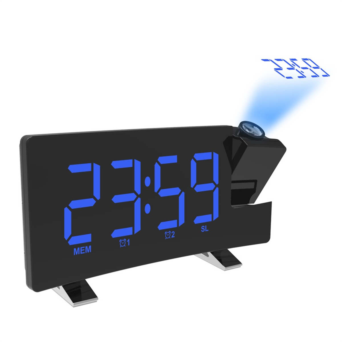 Schwarzer digitaler Wecker mit blauen Zahlen. Der Projektor oben projiziert die Zeit an die Wand.