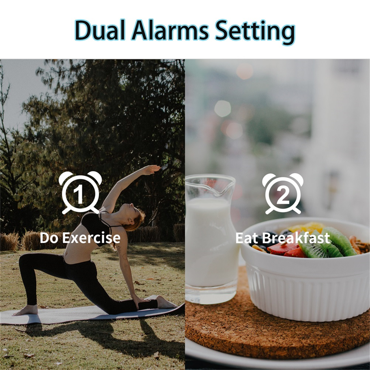 Geteiltes Bild, das eine Person beim Training und eine Frühstücksschüssel zeigt. Text weist auf Dual-Alarm-Einstellung hin.