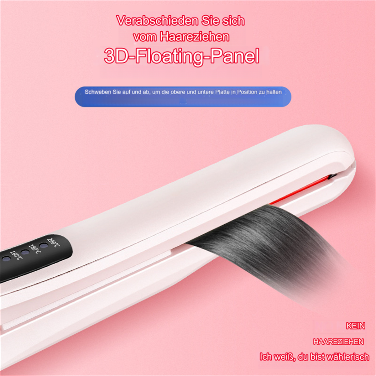 Weißer Haarglätter mit schwarzem Haarstrang. Text auf Deutsch, Temperatureinstellungen angezeigt.