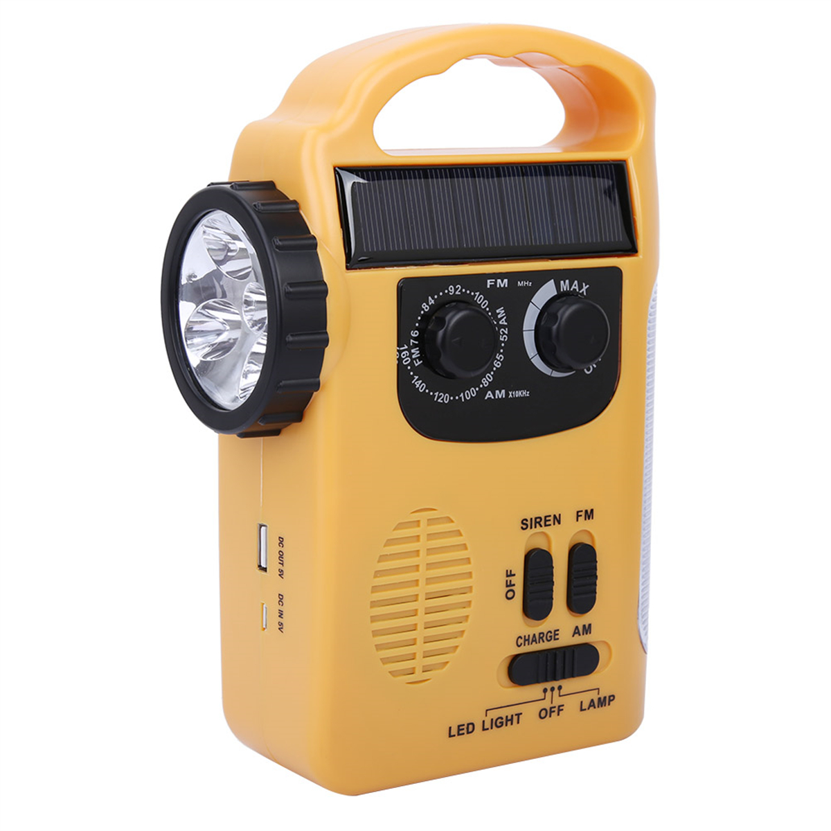 Ein gelbes Notfallradio mit Solarpanel, Taschenlampe und Tasten für AM/FM und eine Sirene.