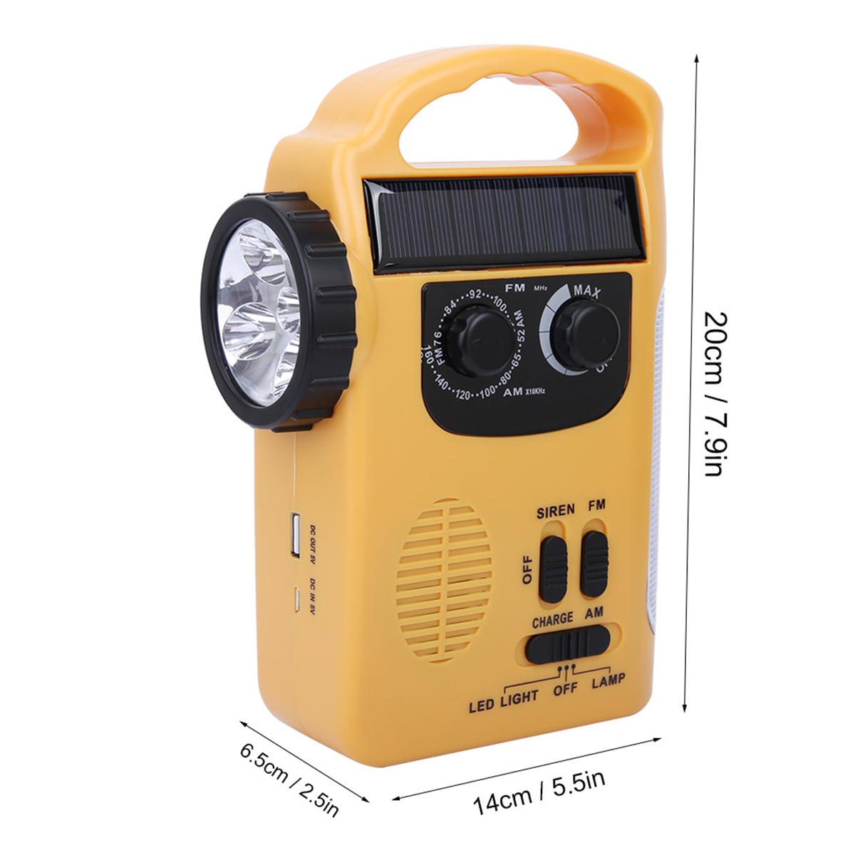 Gelbes Radio mit Taschenlampe und Solarpanel. Es hat Knöpfe und Drehregler für verschiedene Funktionen.