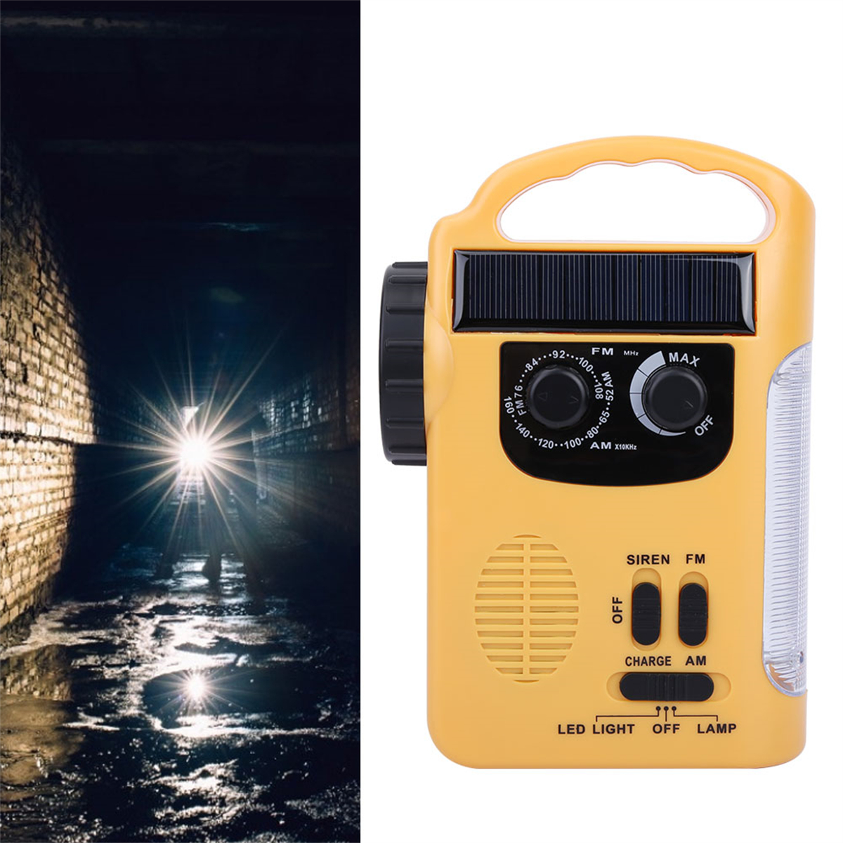 Ein gelbes Radio mit Griff und Taschenlampe und ein dunkler Tunnel mit hellem Licht am Ende.