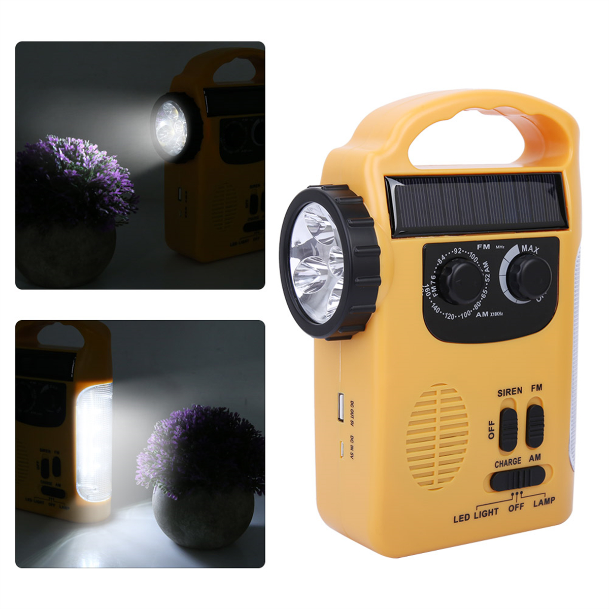 Ein gelbes Notfallradio mit Taschenlampe und Solarpanel, mit drei kleineren Bildern.