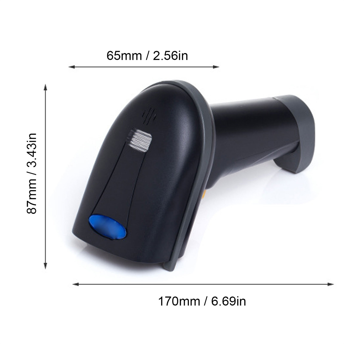 Ein schwarzer Barcode-Scanner mit Maßangaben. Abmessungen: 65 mm x 87 mm x 170 mm / 2,56 Zoll x 3,43 Zoll x 6,69 Zoll.