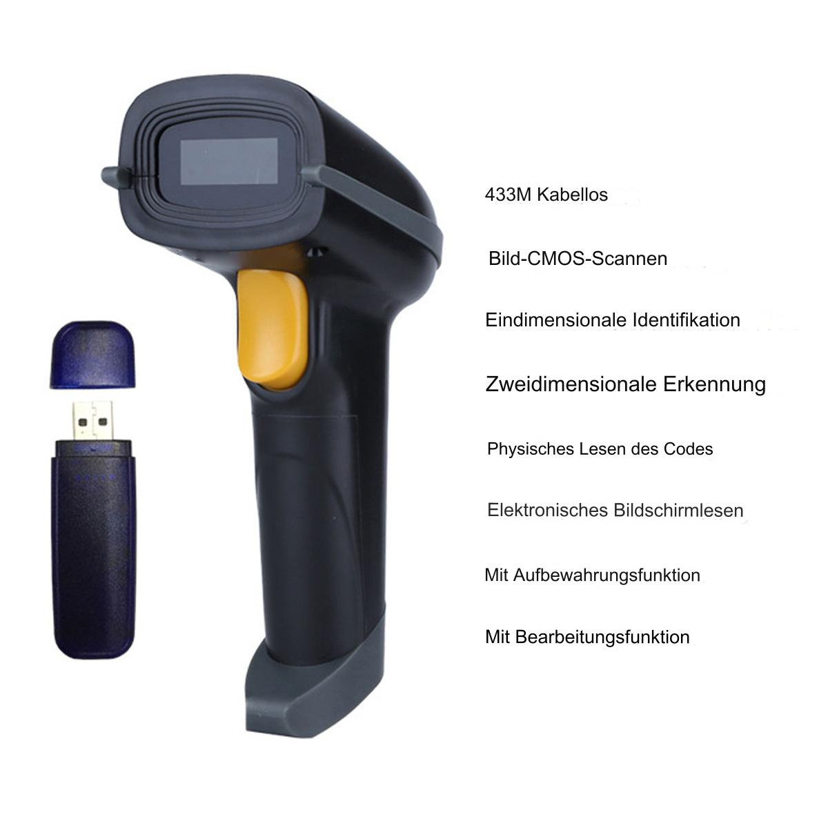Ein schwarzer Barcode-Scanner mit gelber Taste und USB-Empfänger vor weißem Hintergrund.