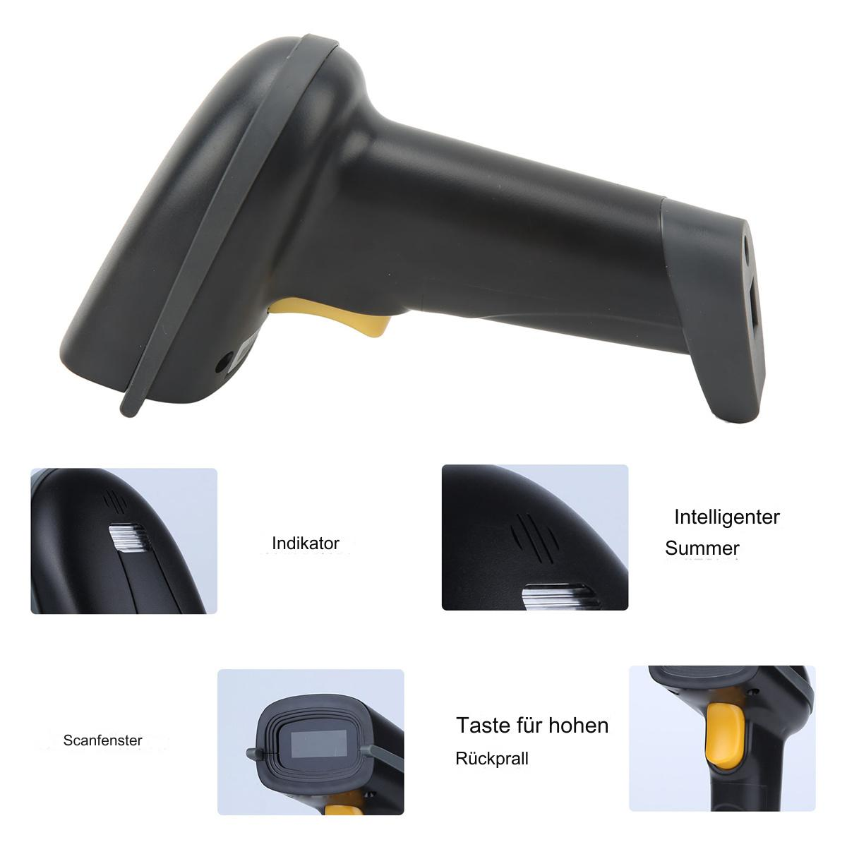Ein schwarzer Barcode-Scanner mit mehreren Detailbildern seiner Funktionen.