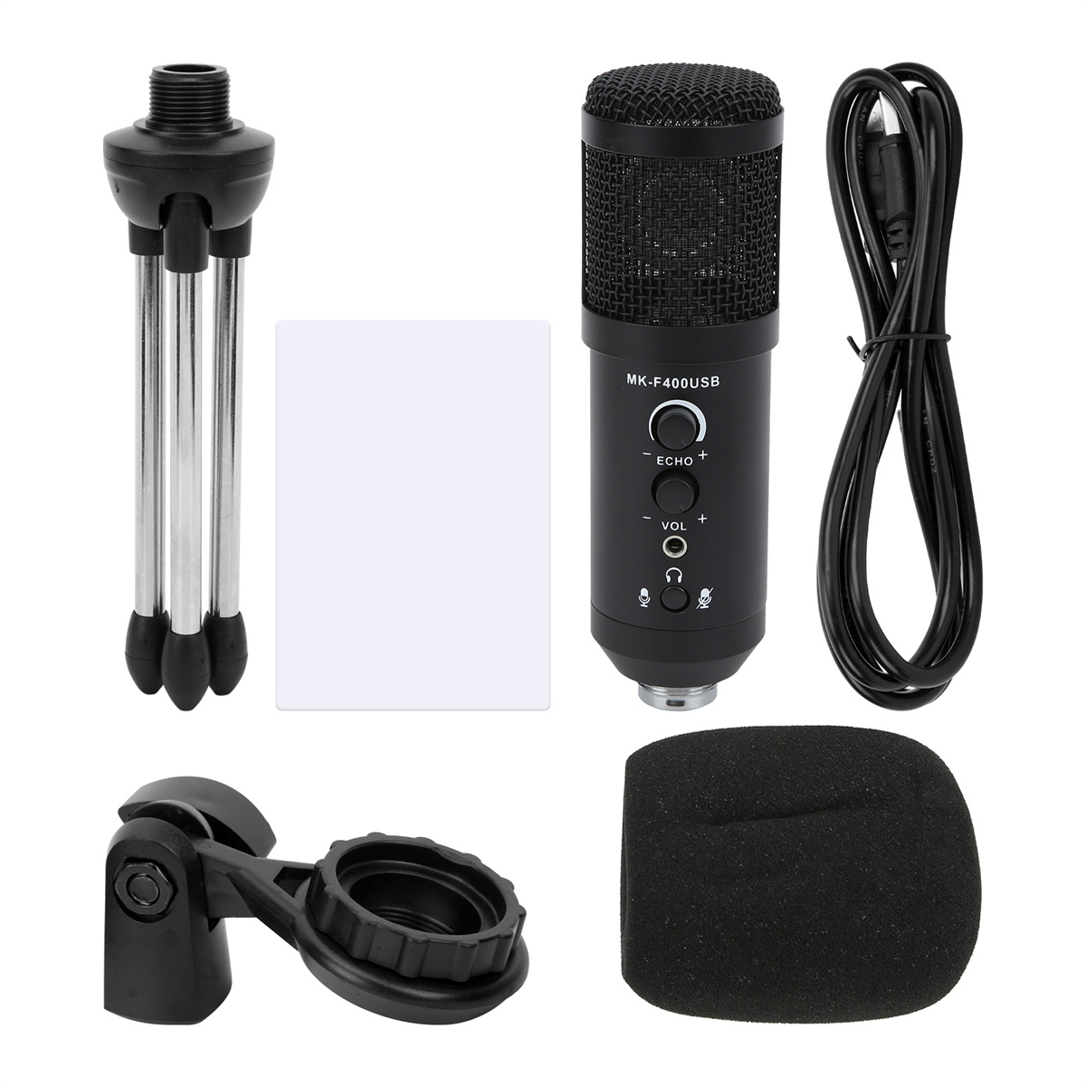 Schwarzes Mikrofon mit Ständer, Pop-Filter und Zubehör. Weißer Hintergrund.