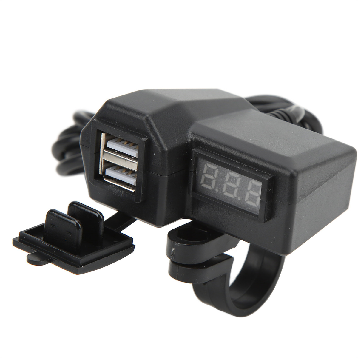 Ein schwarzer USB-Adapter mit zwei USB-Anschlüssen und einem Digitaldisplay. Es hat eine kreisförmige Halterung.