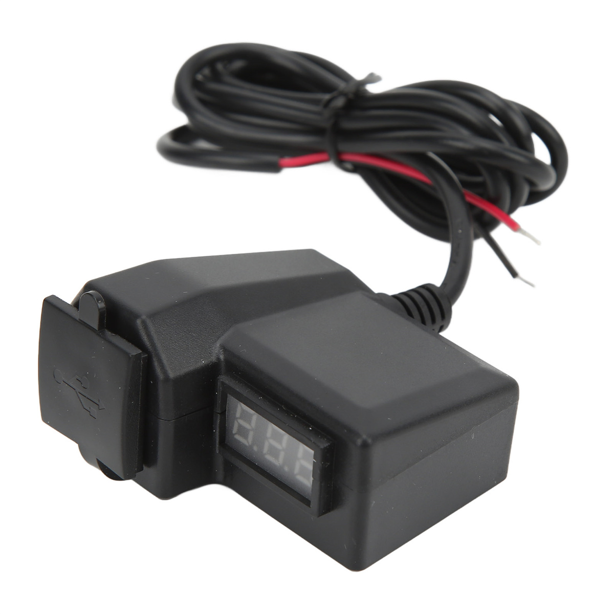 Ein schwarzes USB-Ladegerät mit Digitalanzeige, die Zahlen und einen USB-Anschluss zeigt.