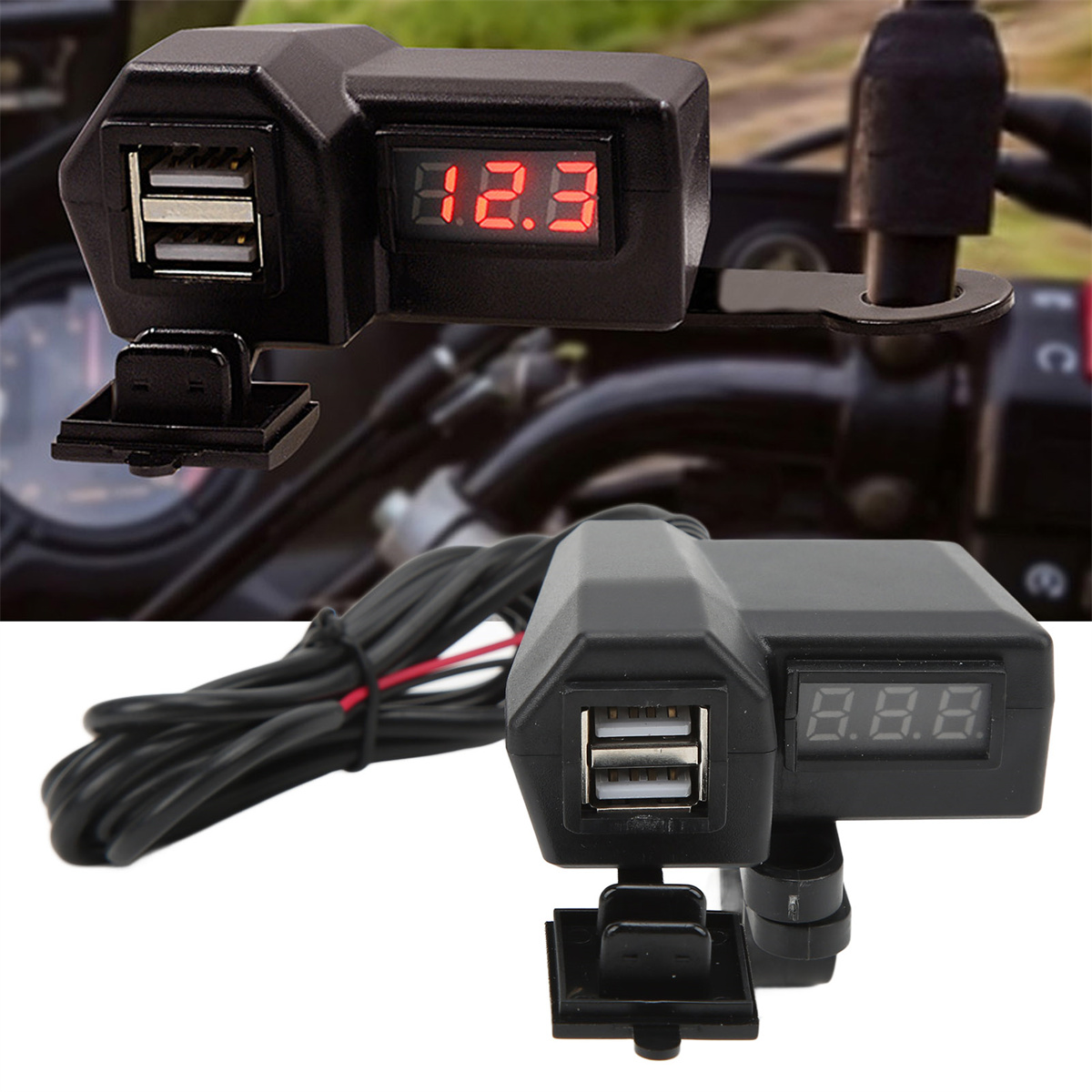 Schwarzes Motorrad-USB-Ladegerät mit Anzeige 12,3 und 8,8. Schwarzer Hintergrund.