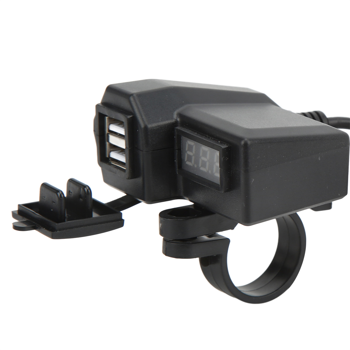 Schwarzes Motorrad-USB-Ladegerät mit Digitalanzeige und zwei USB-Anschlüssen, montiert an einer runden Halterung.