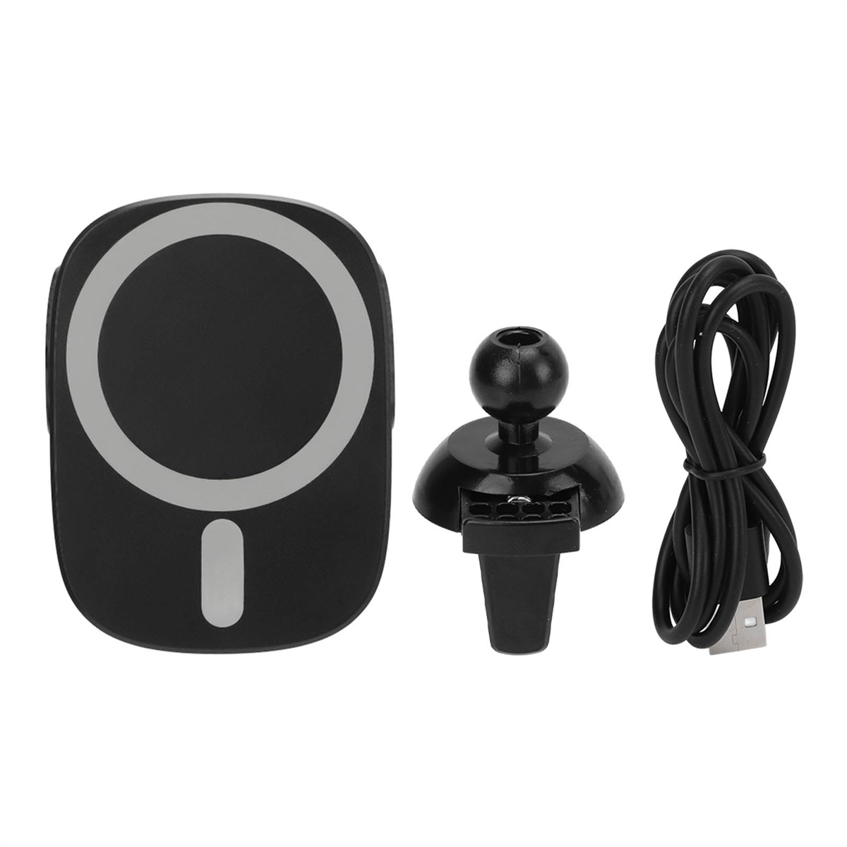 Schwarze magnetische Autohalterung mit Sockel für Lüftungsschlitze, Kugelgelenk und schwarzem USB-Ladekabel.