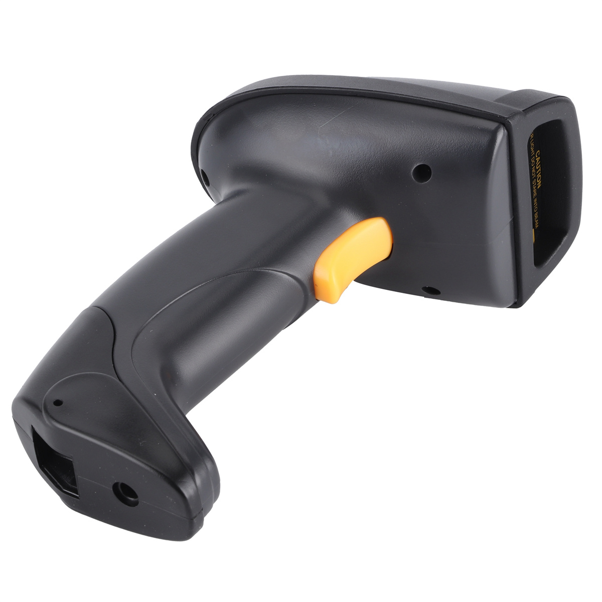 Schwarzer Barcode-Scanner mit orangefarbenem Auslöser. Er hat einen Griff und ein Scanfenster. Weißer Hintergrund.
