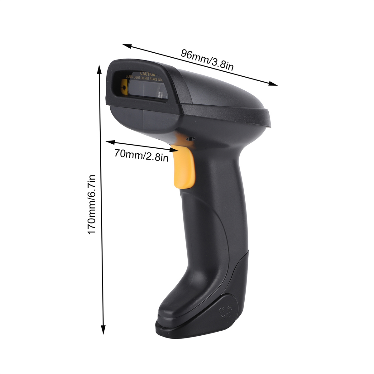 Ein schwarzer Barcode-Scanner mit Abmessungen. Er hat eine gelbe Taste und ein Scanfenster.