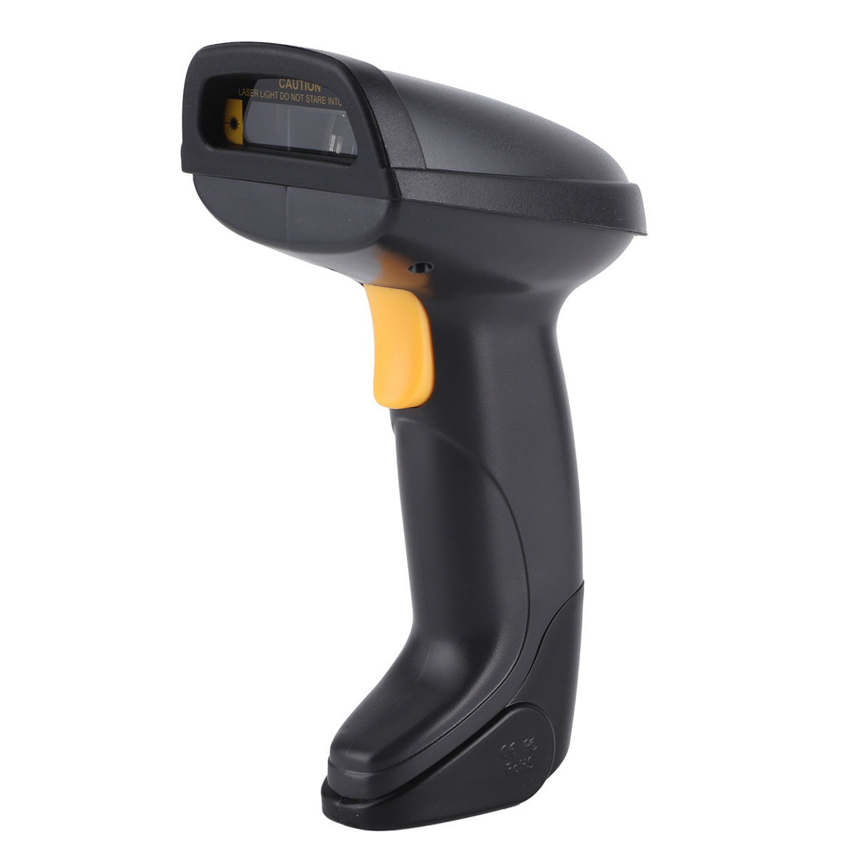 Ein schwarzer Handheld-Barcodescanner mit orangefarbenem Auslöser. Er ist nach oben abgewinkelt.