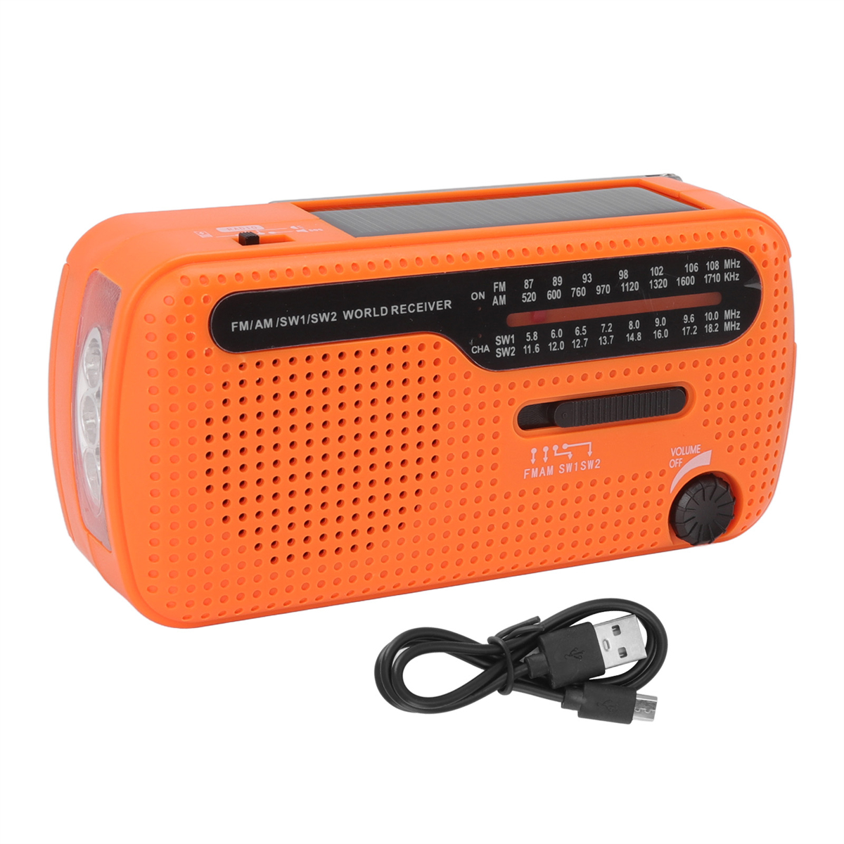 Oranges Radio mit Solarpanel, USB-Kabel und einer Taschenlampe, mit Knöpfen und Text.