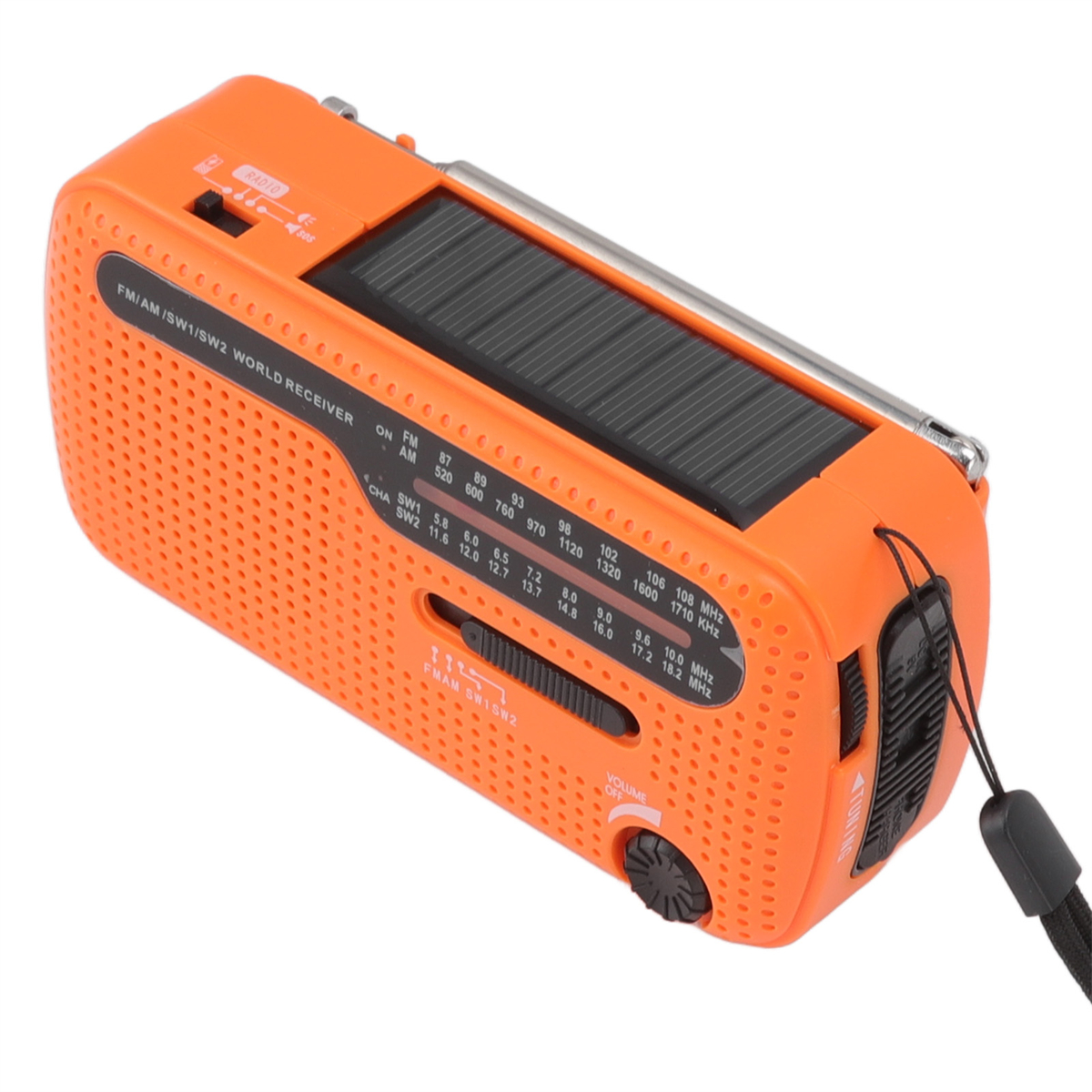 Ein orangefarbenes tragbares Radio mit einem Solarpanel wird gezeigt.