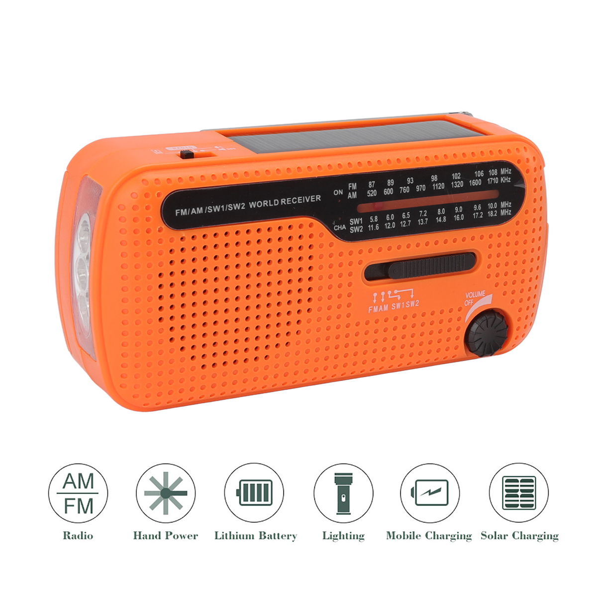 Orangefarbenes Radio mit Taschenlampe und mehreren Symbolen. AM/FM, USB und Solarladung. Lautstärkeregler.