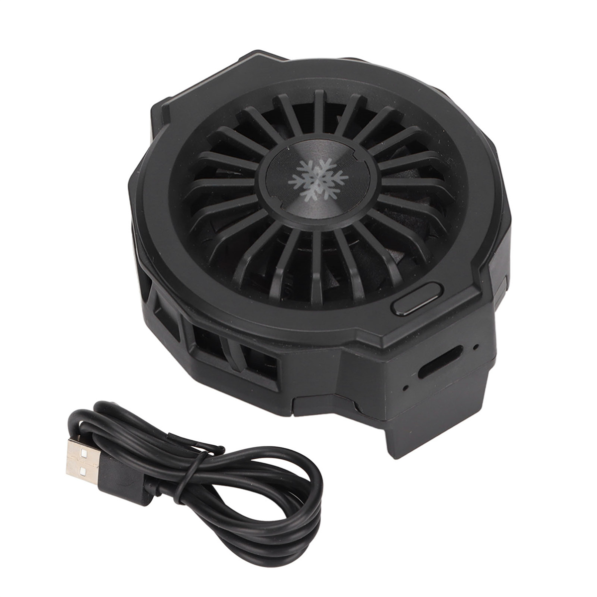 Ein schwarzer Kühlventilator mit einem Schneeflocken-Design. Ein USB-Kabel ist daran angeschlossen.