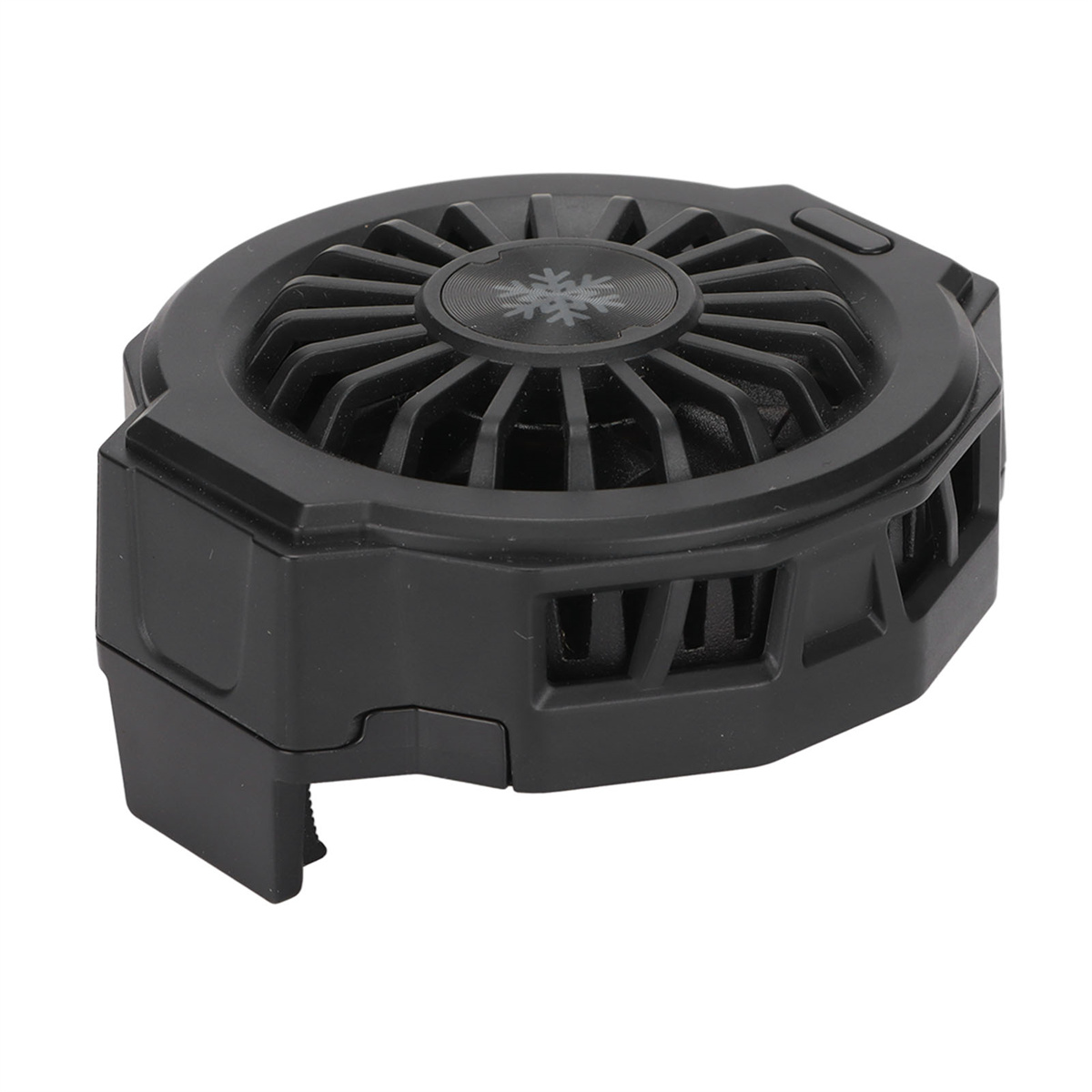 Schwarzer Ventilator mit Schneeflockenlogo, runde Form. Seitenansicht, zeigt die Lüfter.