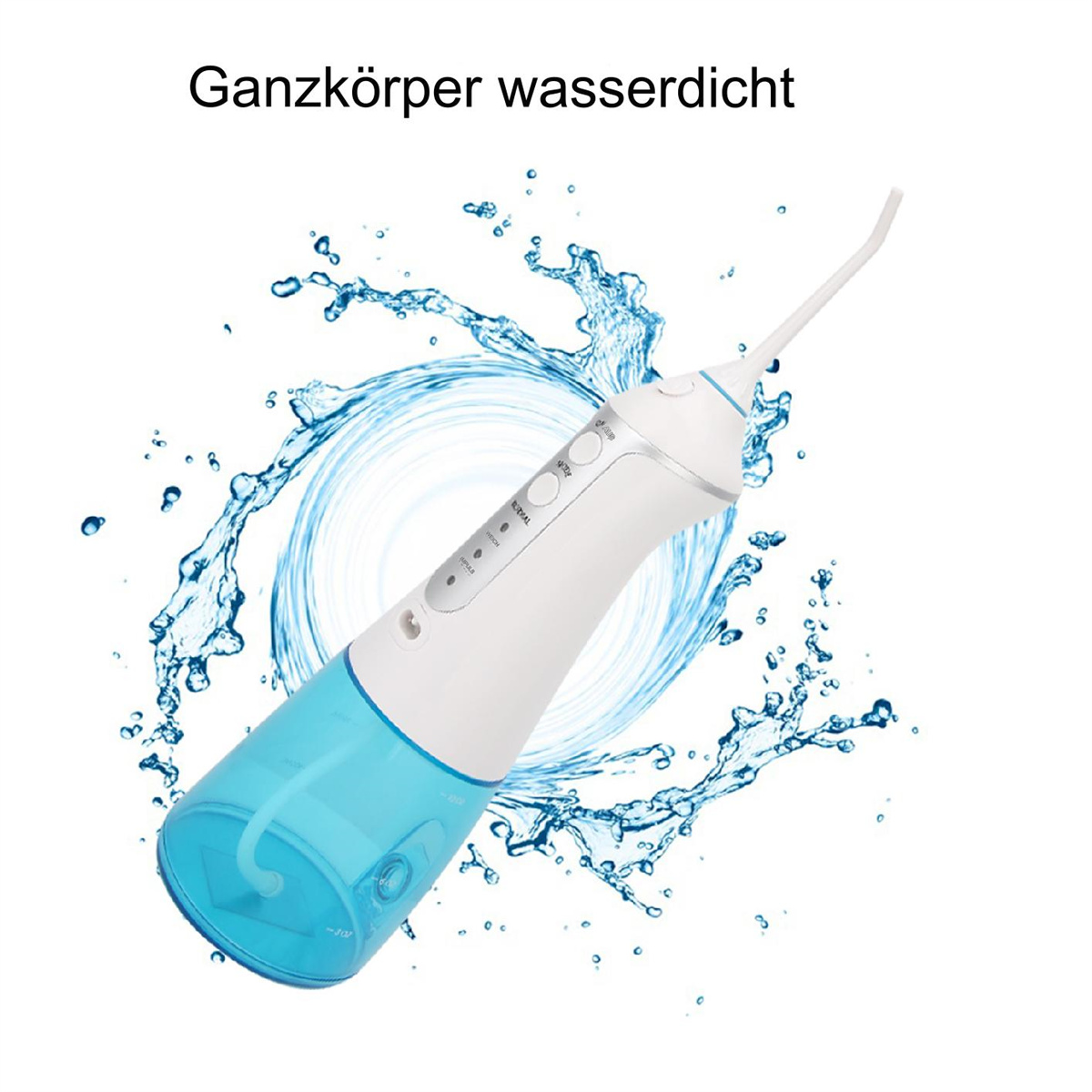 Ein weiß-blaues Munddusche-Gerät. Wasser spritzt um das Gerät herum. Das Gerät befindet sich auf weißem Hintergrund.