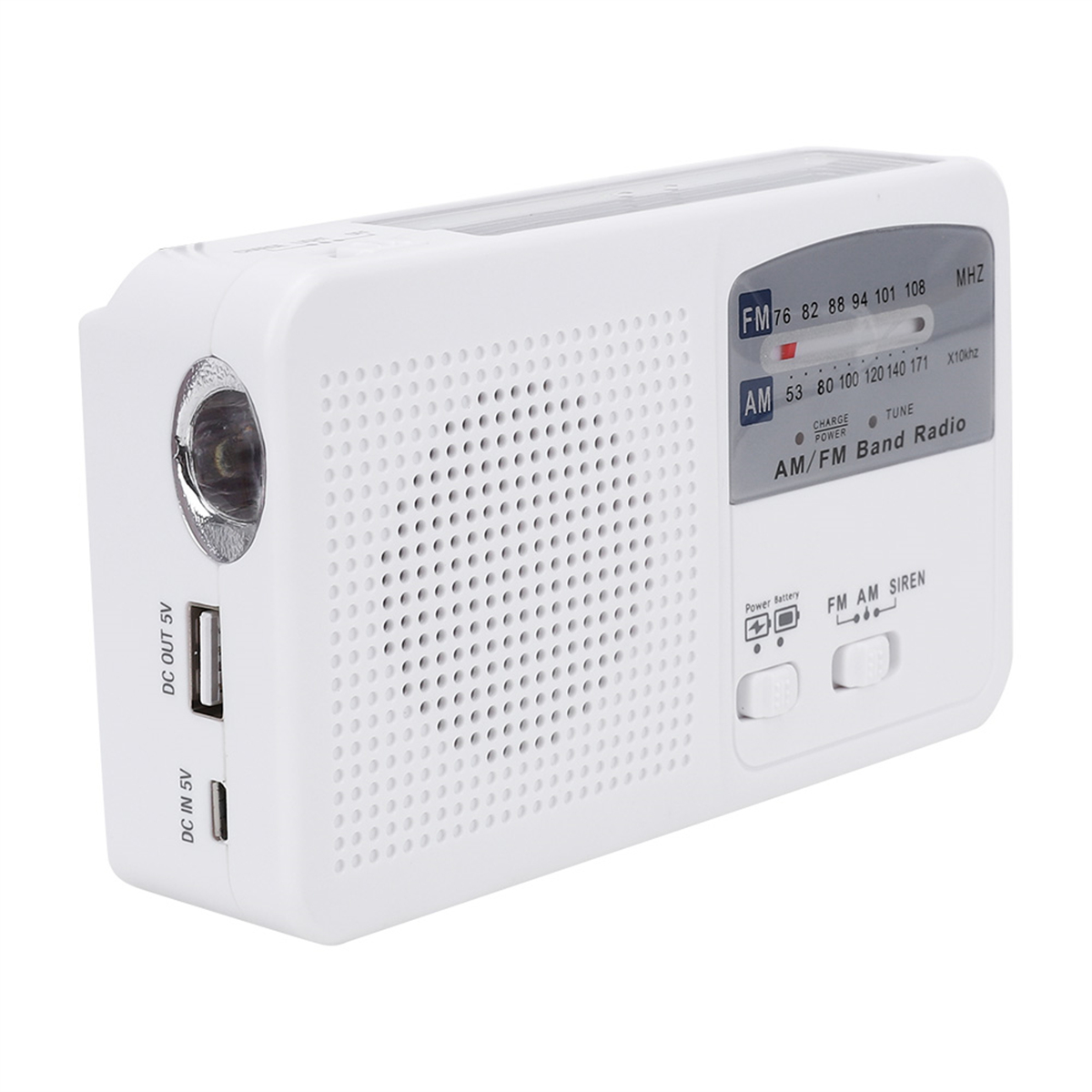 Weißes AM/FM-Radio mit Griff und Taschenlampe. Es hat ein Solarpanel oben und einen USB-Anschluss.
