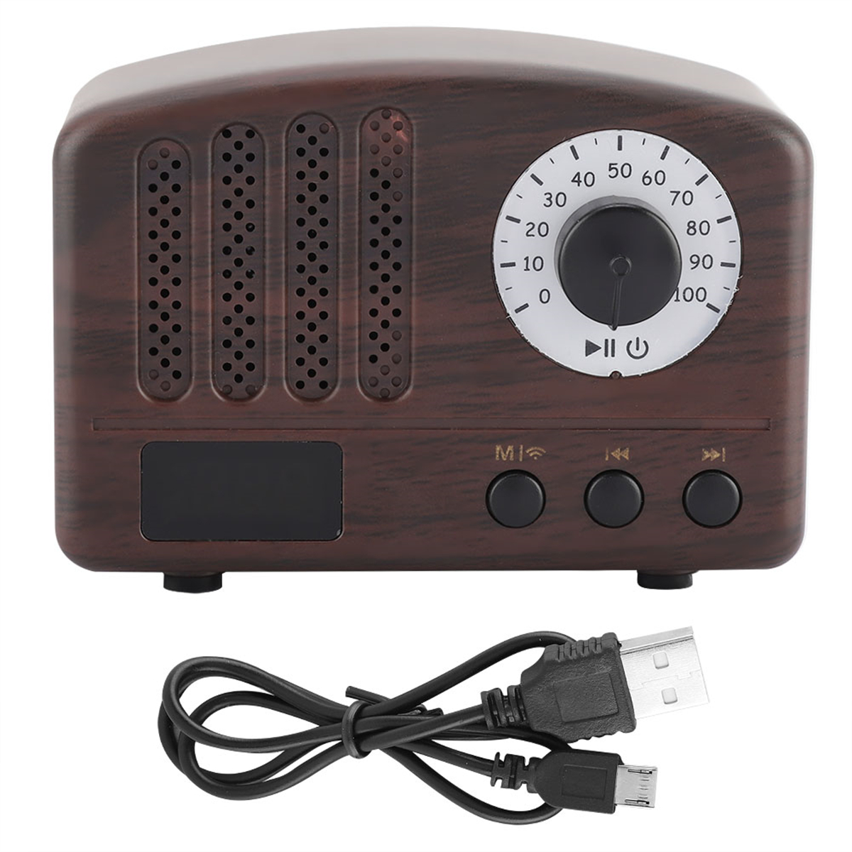 Retro-Radio aus Holz mit Knöpfen und Zifferblatt. USB-Kabel unten.