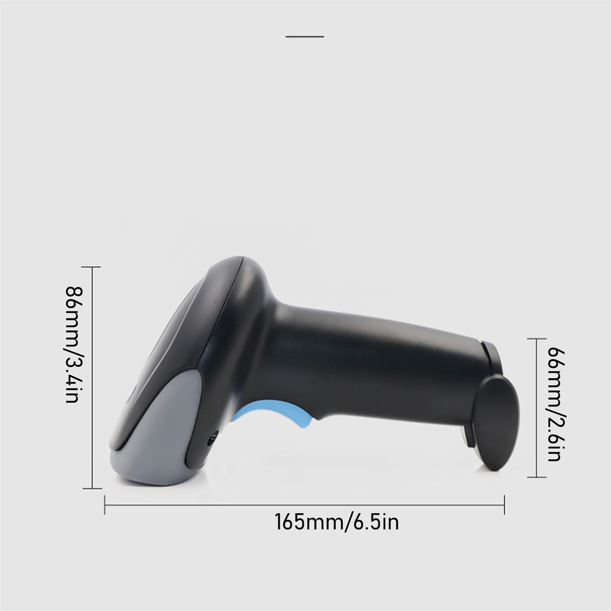 Ein schwarzer Barcodescanner mit Abmessungen in mm und Zoll auf weißem Hintergrund.