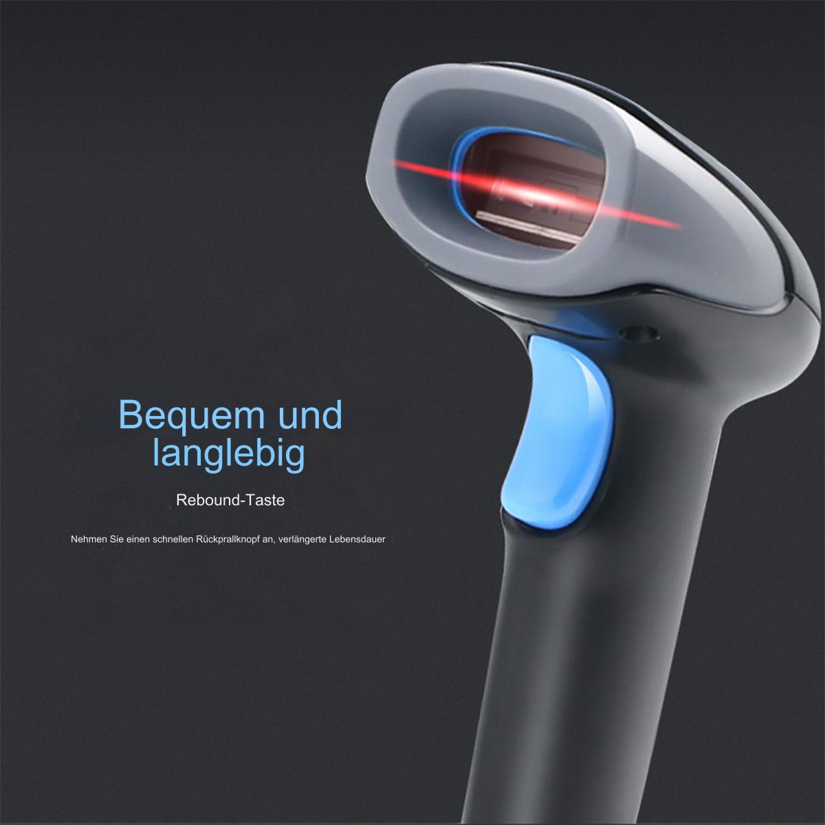 Ein schwarzer und grauer Barcode-Scanner mit blauem Knopf. Rotes Licht wird vom Scanner emittiert.