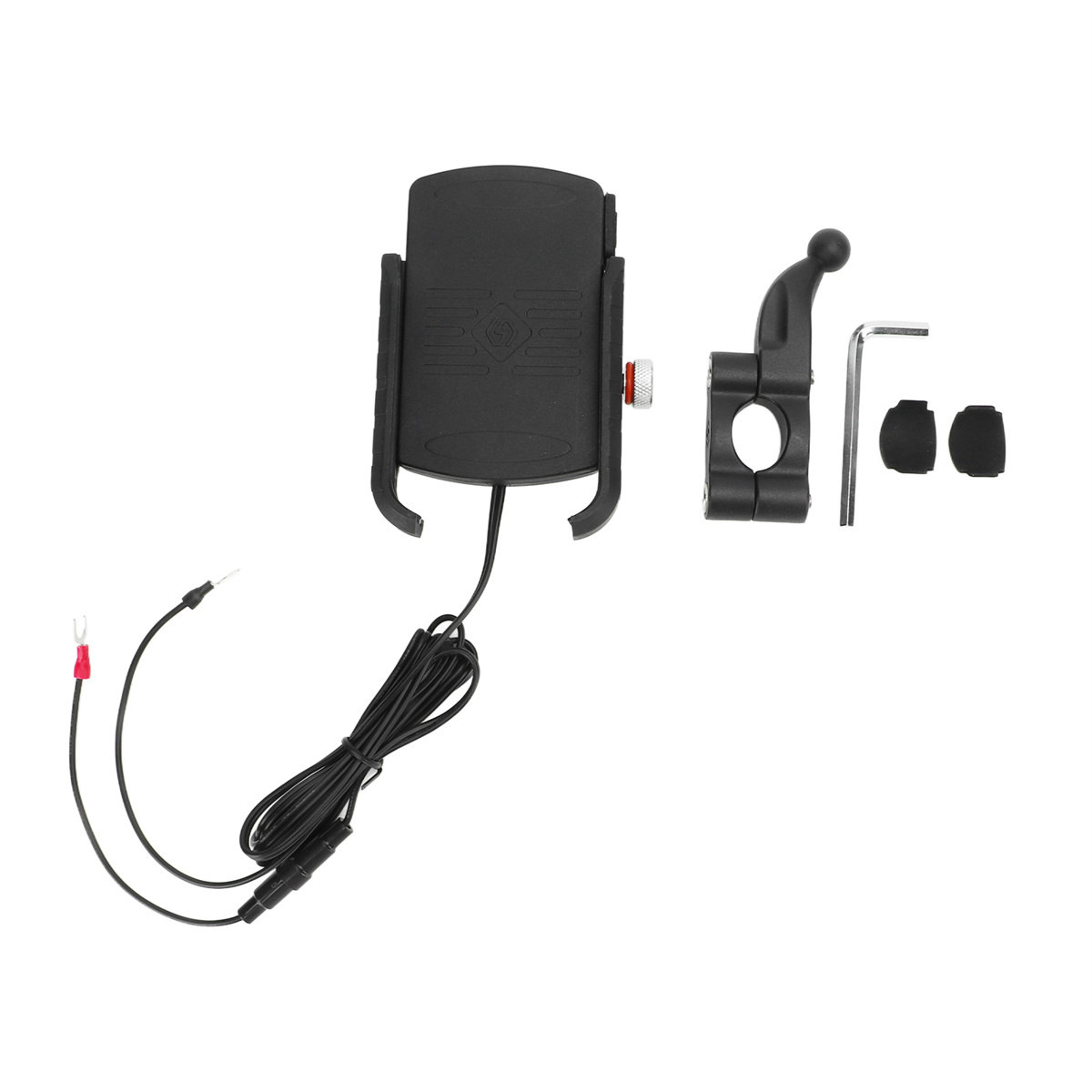 Schwarze Motorrad-Telefonhalterung mit Komponenten. Enthält einen Telefonhalter, ein Kugelgelenk und ein Ladekabel.