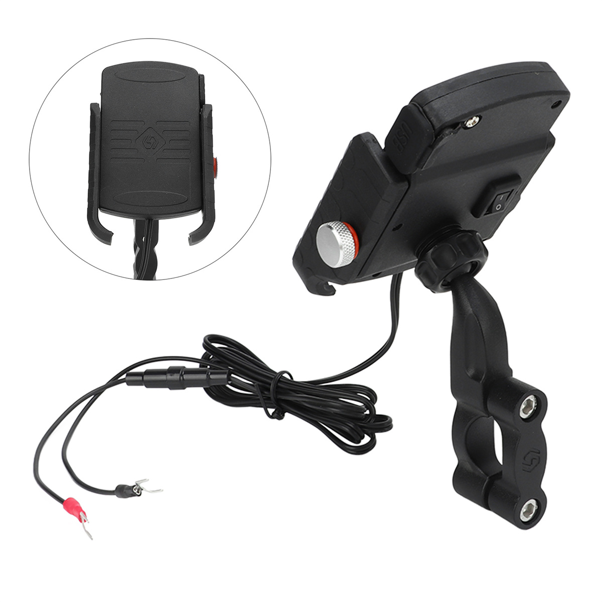 Schwarzer Telefonhalter für ein Motorrad mit Stromkabel und separatem Ladegerät.